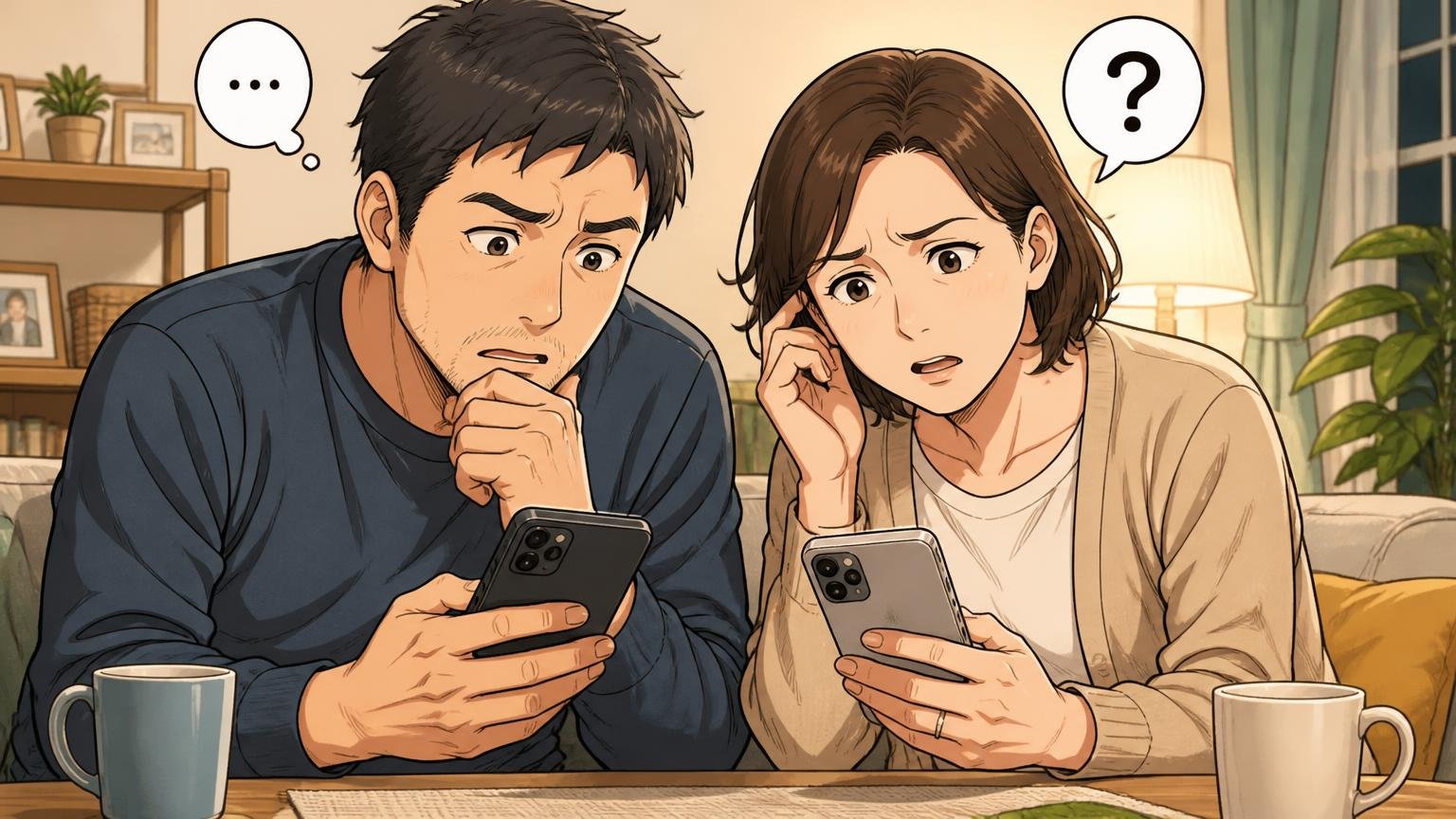 口コミから見えた結論：強い否定はないが、長く使った人の声はまだ少ない 夜のリビングでスマホのレビュー画面を見比べ首をかしげる40代夫婦2人