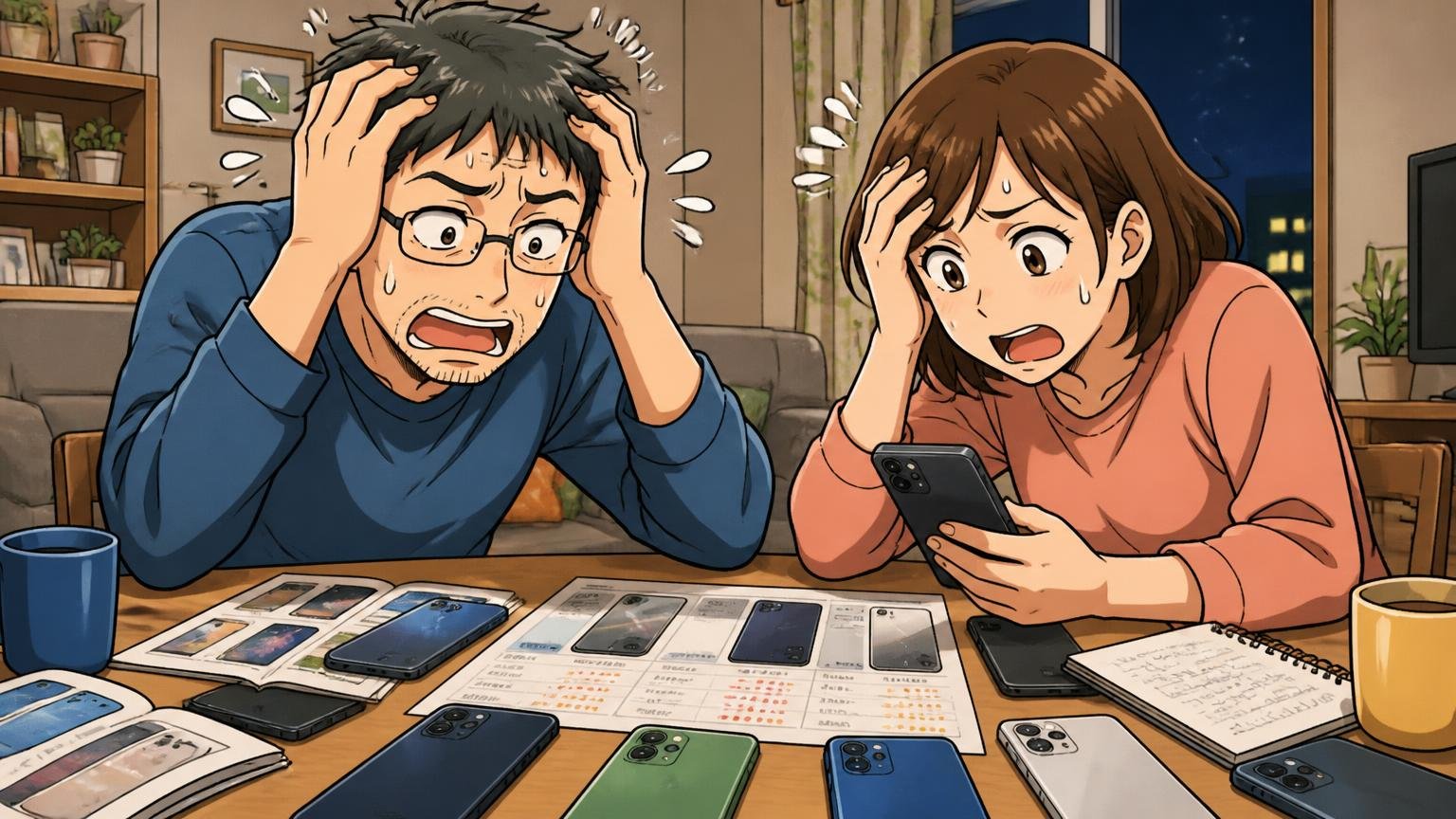 結論は好みで終わらせるといつまでも決められない、夜のリビングでスマホの比較記事を見比べて頭を抱える40代夫婦2人