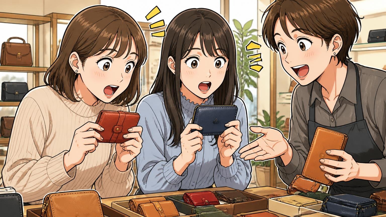 岡部玲子さん・菅井友香さん|確認できた芸能人との接点 明るいショールームで、女性2人と店員1人が革小物を手に取り、笑顔で驚く場面