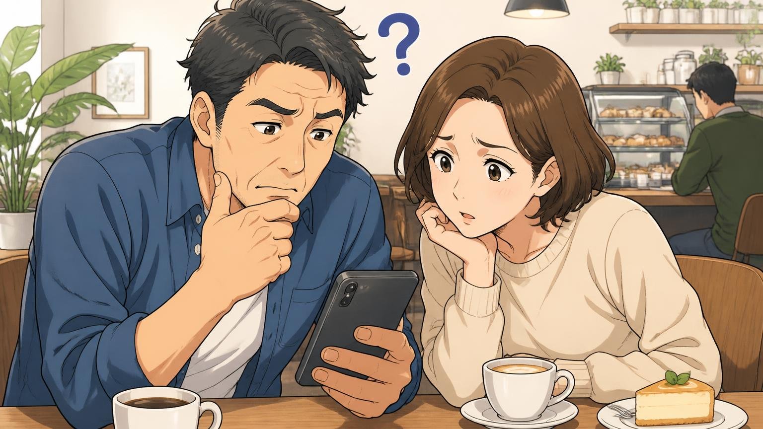 「40〜50代は別ブランドの方が似合う」という声もある カフェのテーブルでスマホのQ&Aサイトを見ながら首をかしげる40代男性と30代女性の夫婦2人の場面