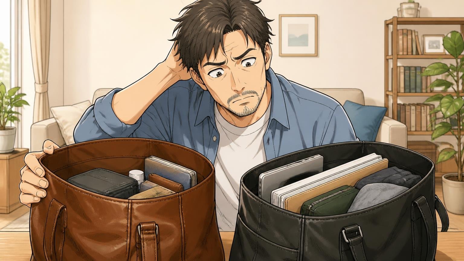 まだ決めきれない人は「荷物の量」と「形の好み」で決める、自宅のリビングで2つの革バッグに荷物を詰め比べて首をかしげる40代男性1人