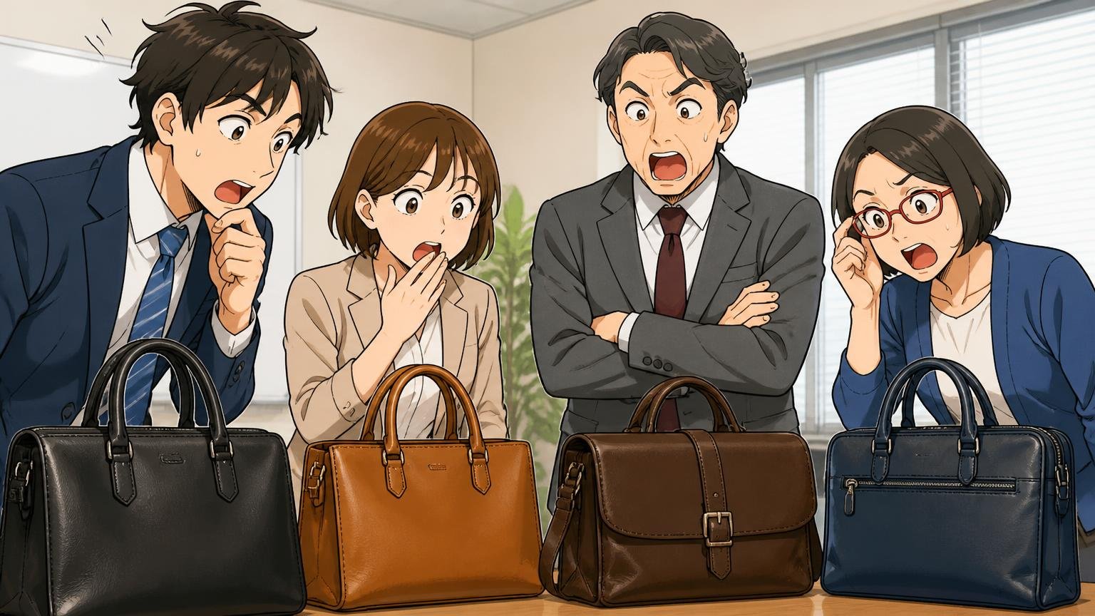 年代別に持つと浮かない？ オフィスの打ち合わせ室で革バッグを並べる20代から50代の男女4人が驚いて見比べる場面