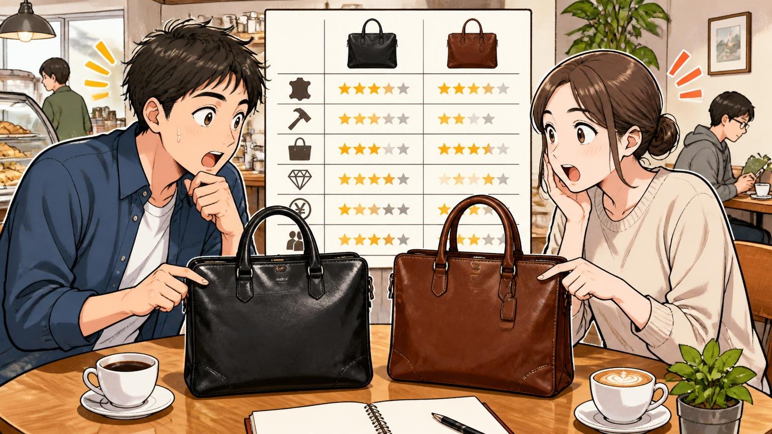 ひと目で分かるアニアリと土屋鞄の比較早見表、カフェで2つの革バッグを見比べ話し合う夫婦2人