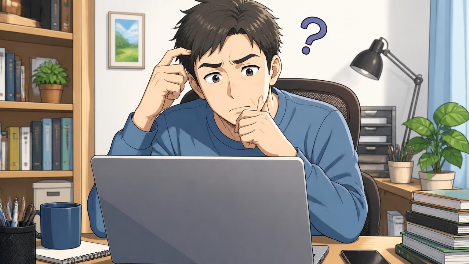 公式は年齢ターゲットを公表していない 自宅のデスクでノートパソコンの公式サイトを確かめる男性が首をかしげる場面