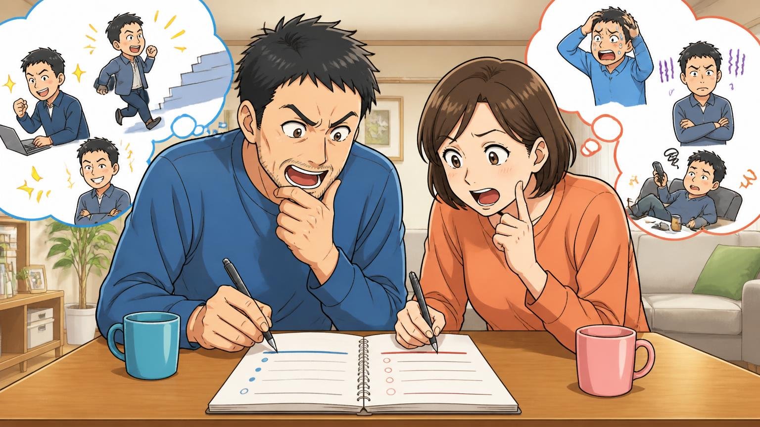 向いている人・向いていない人の早見表。自宅のリビングでノートに条件を書き出す40代男性と30代女性の2人