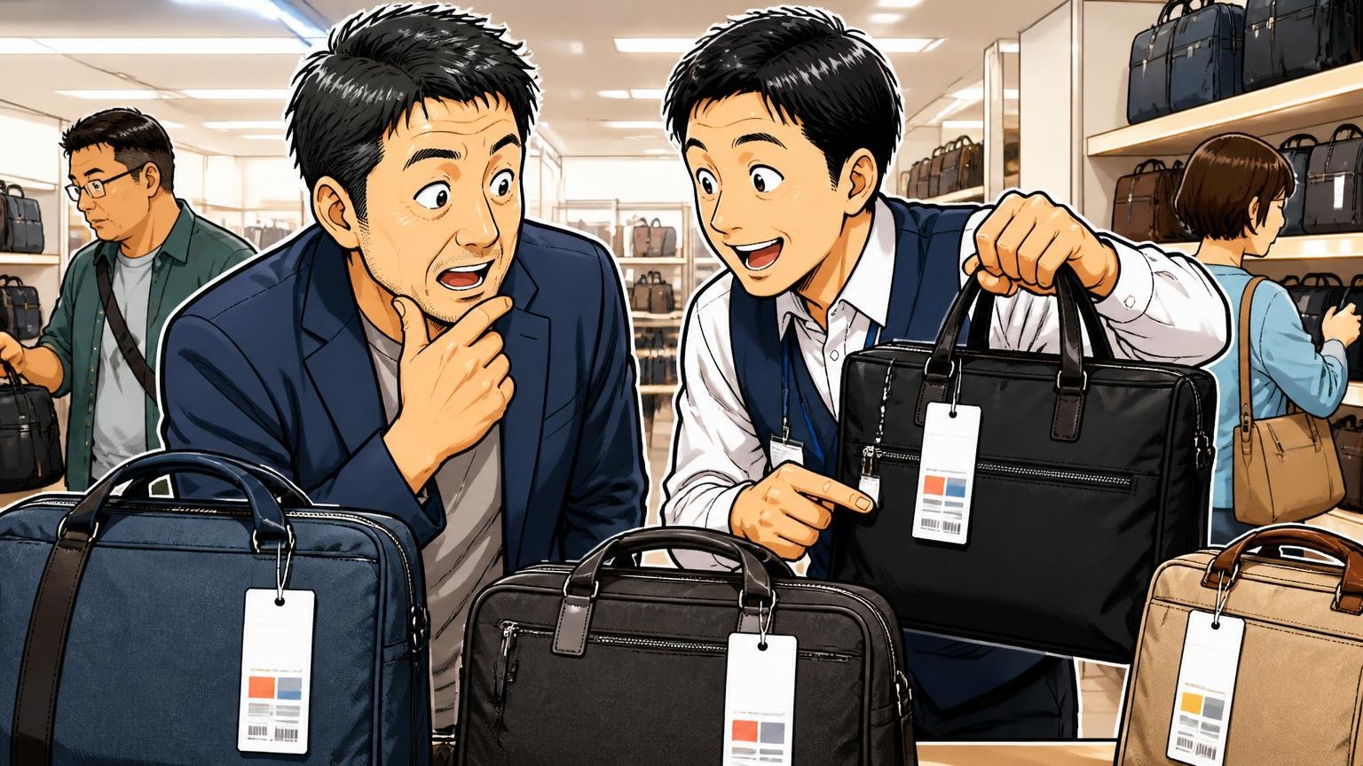 価格帯を見ても「働く大人が買うブランド」、家電量販店のバッグ売り場で値札を見比べる40代男性と店員の場面