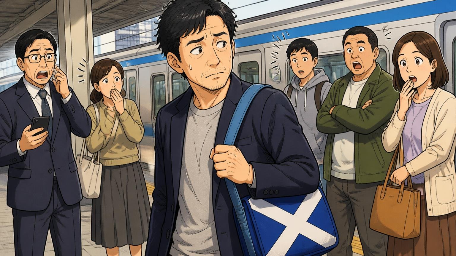 40代が持ってもおかしくない？世間の声 駅のホームで青いバッテンのショルダーバッグを肩にかけ周りを気にする40代男性1人