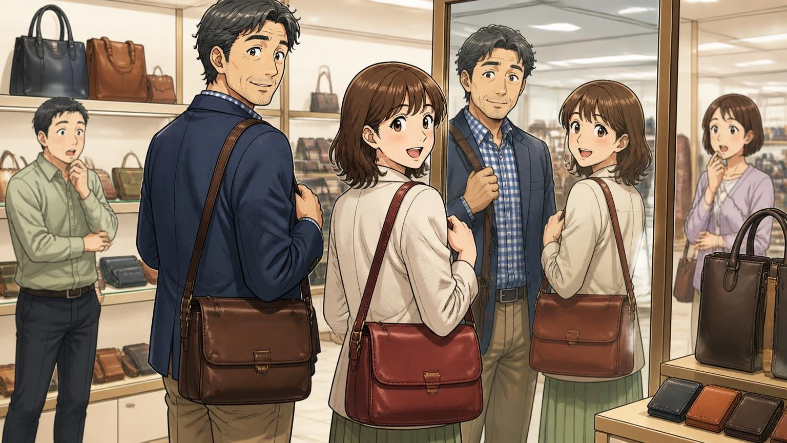 男性ユーザーも増えている｜「若い人向きではない」という声も 百貨店の革小物売り場で40代男性と30代女性の夫婦がバッグを肩に掛けて鏡を見る場面