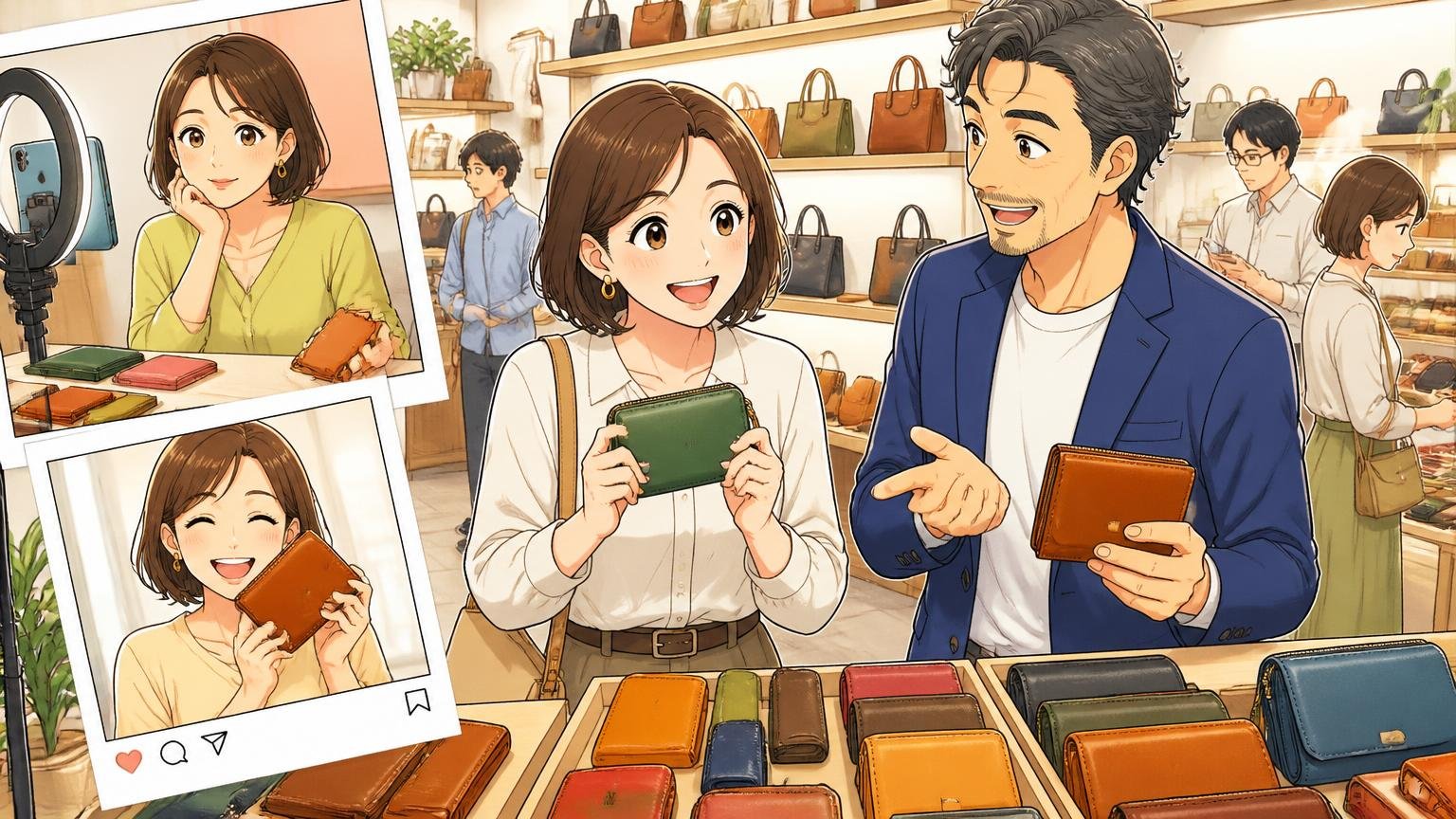 女性俳優の着用例と、本人がSNSで発信した例 革小物が並ぶ明るい路面店 30代女性と40代男性の2人 商品を手に取り笑顔で話す