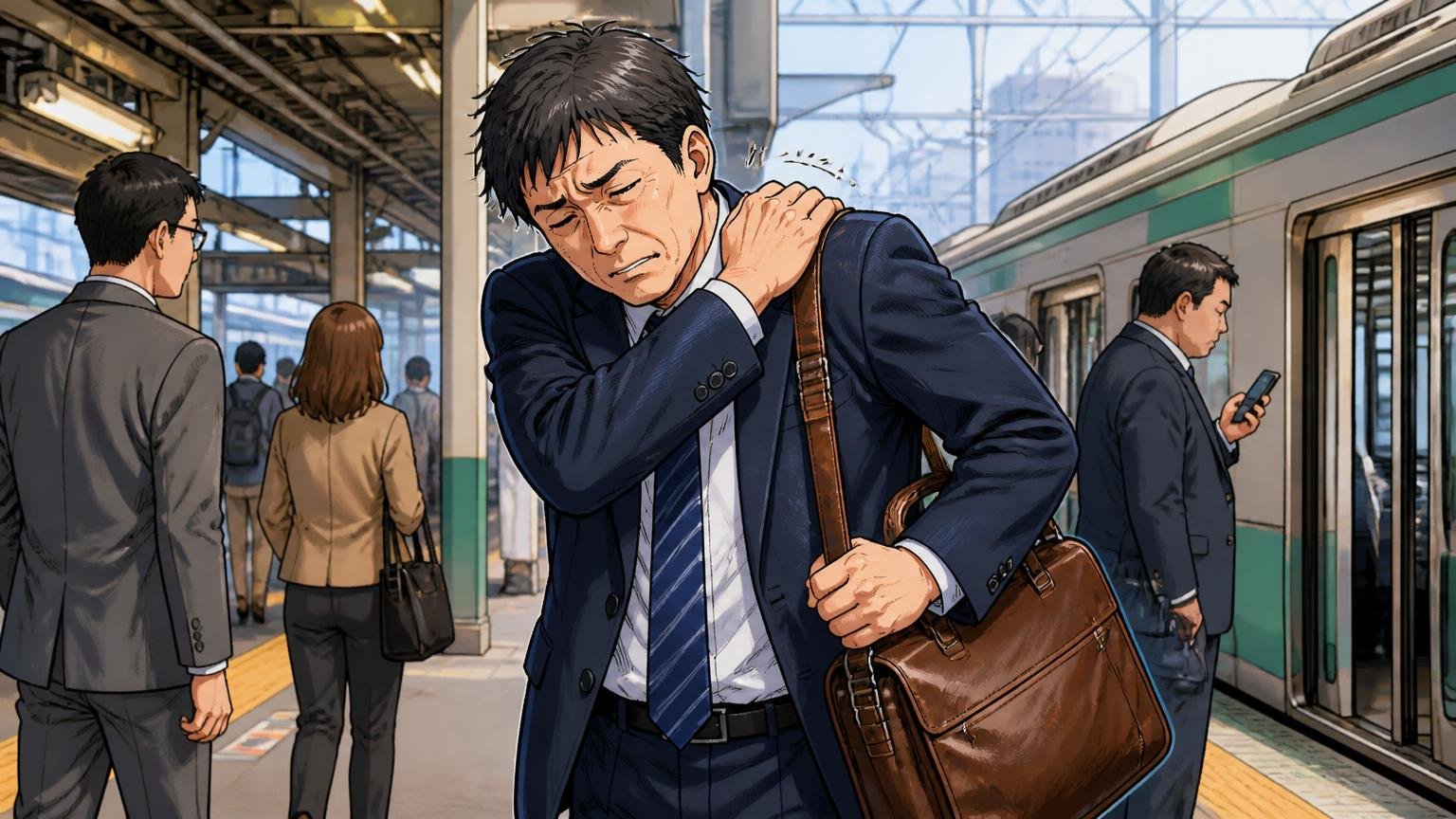 40代の仕事用なら「どちらでもない」答えもある 朝の駅のホームで重い革バッグを持ち直す場面、スーツ姿の40代男性1人が肩をさする