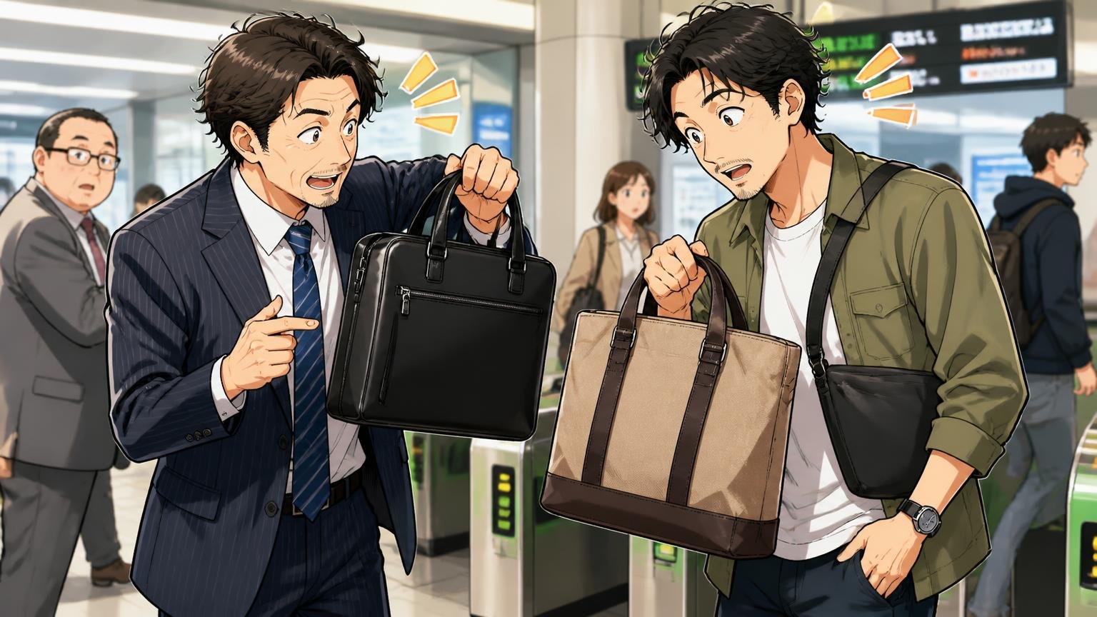年齢よりも「服装」と「使う場面」で似合うかが決まる、駅の改札前でスーツと私服の40代男性2人がバッグを見比べる場面