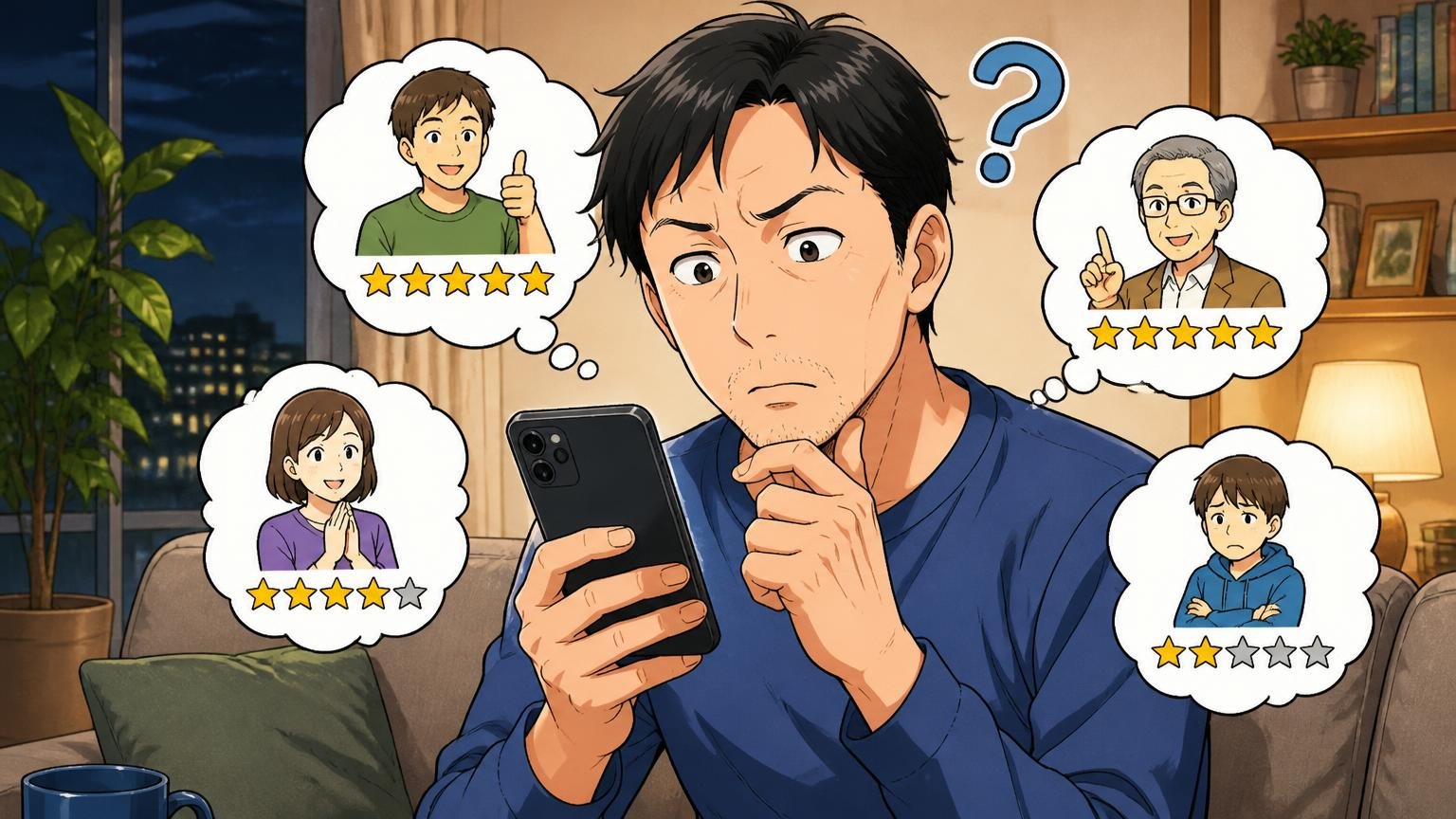 口コミは「いつ・何年・どんな用途で」使った人の声かで読む 夜のリビングでスマホの口コミを見比べて首をかしげる40代男性の場面
