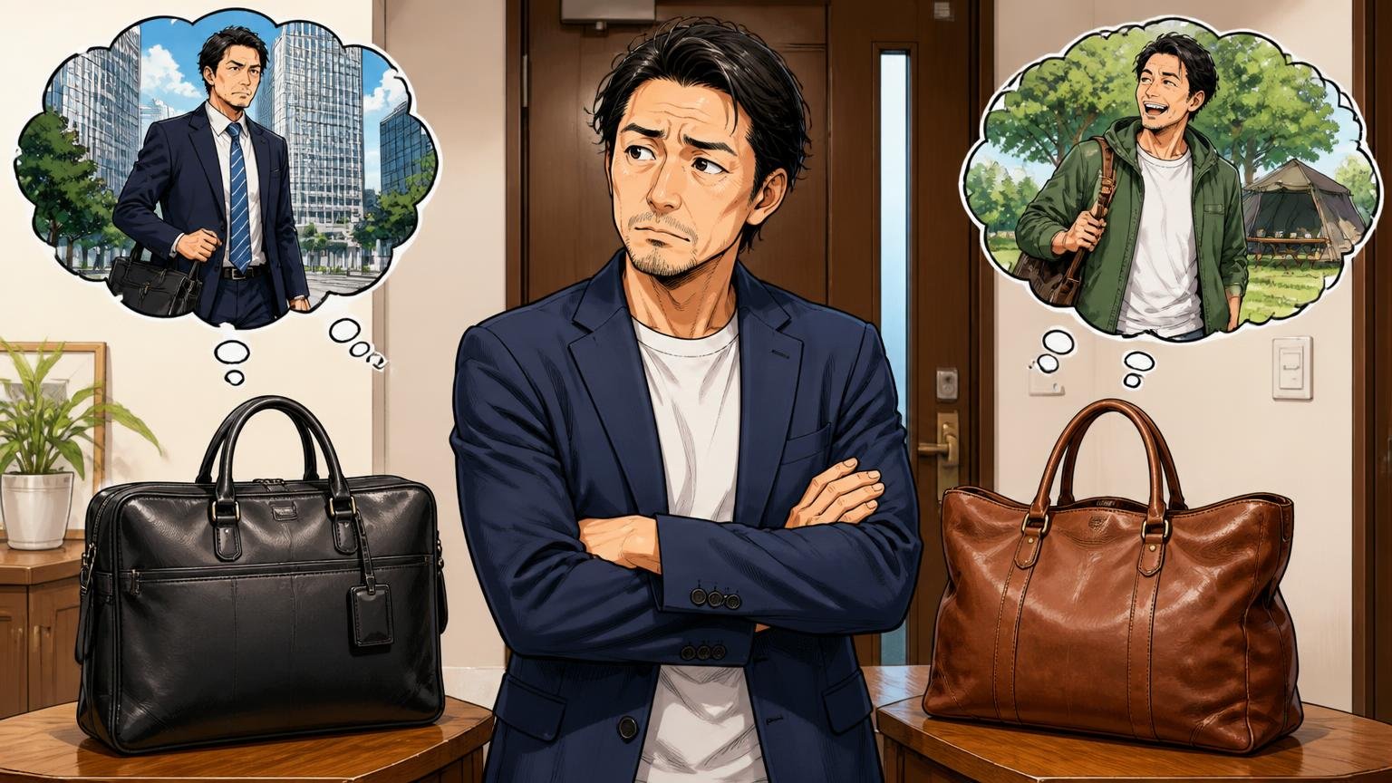 評判が割れる本当の理由は「どんな用途で使うか」。自宅の玄関でスーツ用と休日用の革バッグを見比べて腕を組む40代男性1人の場面