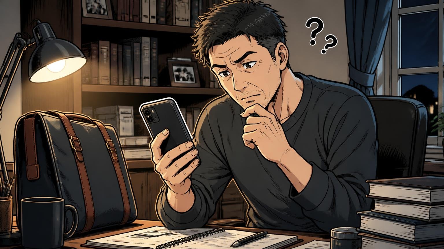 バッグの口コミはまだ少ない、だから「読み方」で差がつく、夜の書斎でスマホの口コミを読み込み首をかしげる40代男性1人