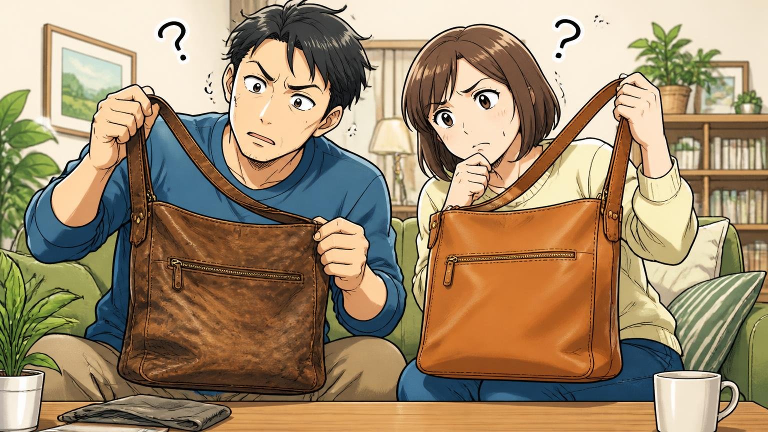 評価が割れるのは経年変化と個体差と修理の待ち時間。自宅のリビングで新旧2つの革バッグを見比べて首をかしげる男女2人の場面