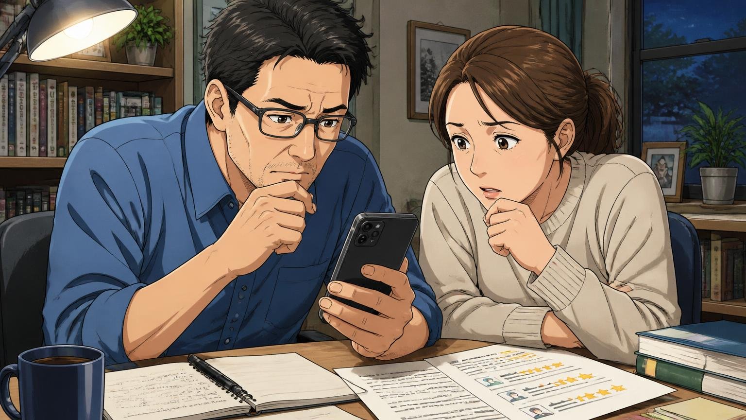 口コミを読むときは「星の数」より「何年・どう使ったか」を見る 夜の書斎でスマホの口コミを真剣に読み比べる40代男性と妻の2人