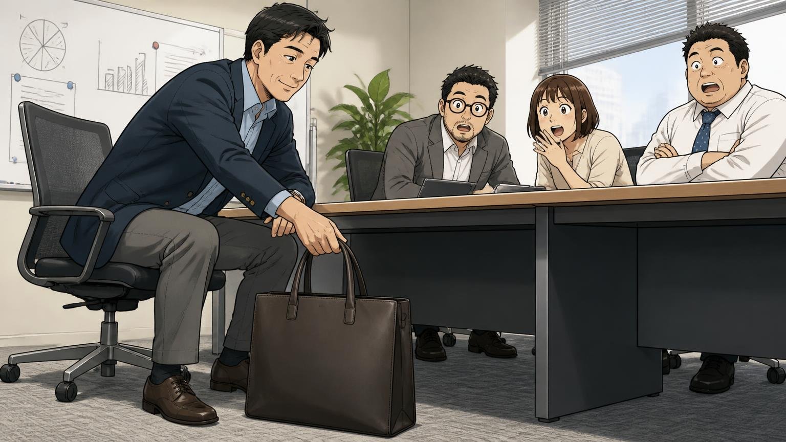 魅力③：ロゴで主張しない、職場で浮かない大人のデザイン　会議室で40代男性が無地の革バッグを床に置き、同僚が感心する場面