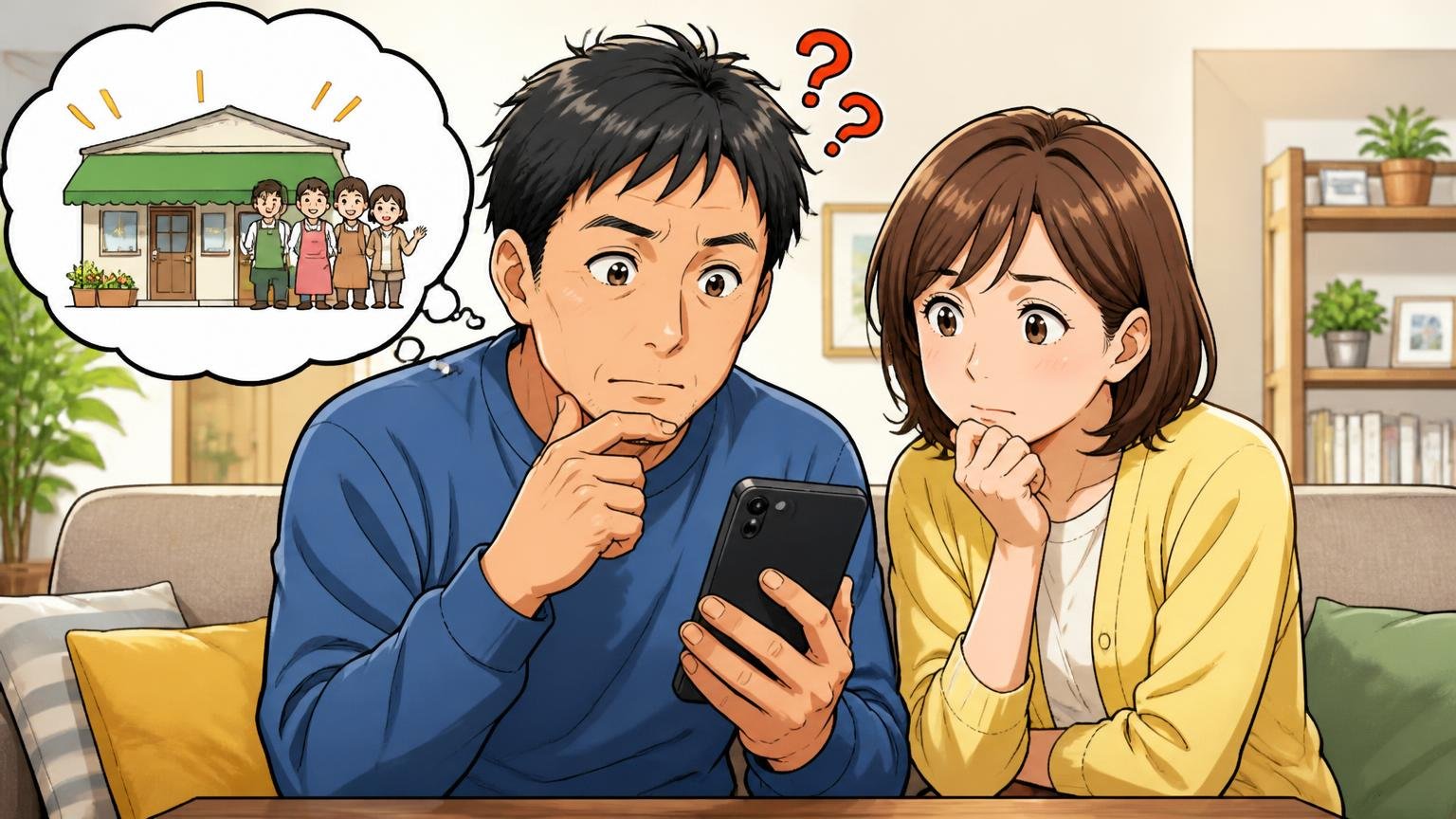 口コミが少ないのは「悪評」ではなく、量販型のブランドではないから 自宅のリビングでスマホの口コミ画面を見つめ首をかしげる40代男性と妻の2人