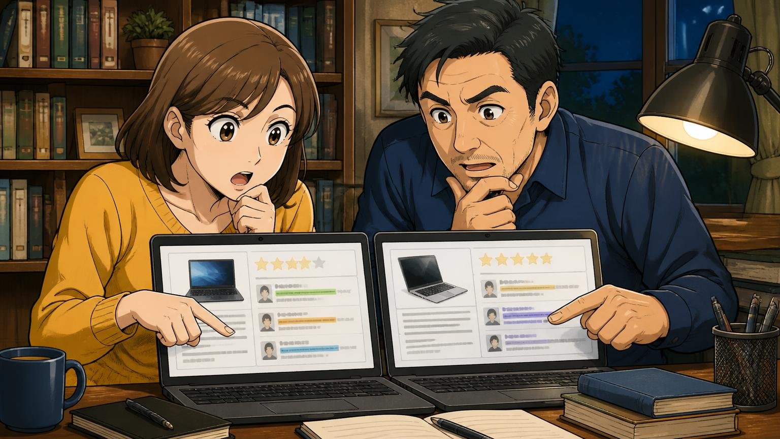 星の数より何を評価した声かで読むべき理由 夜の書斎で30代女性と40代男性がパソコンの口コミを読み比べる場面