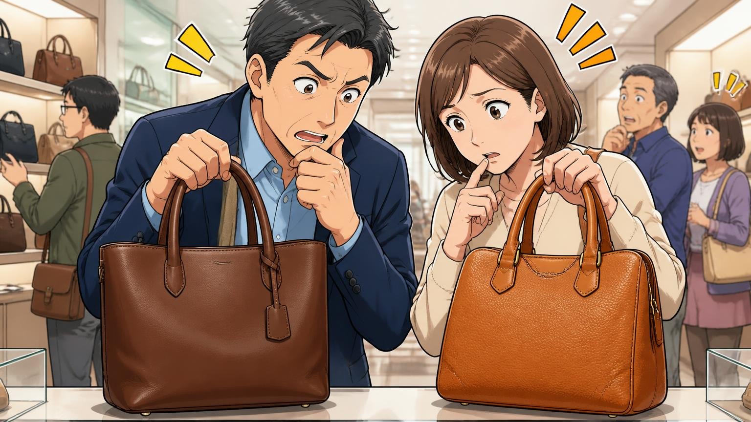ほかのブランドと比べた声|「革質はソメスサドルが上」「中高年にはいたがき」、百貨店の革製品売り場で2つの革バッグを見比べて悩む40代夫婦2人の場面