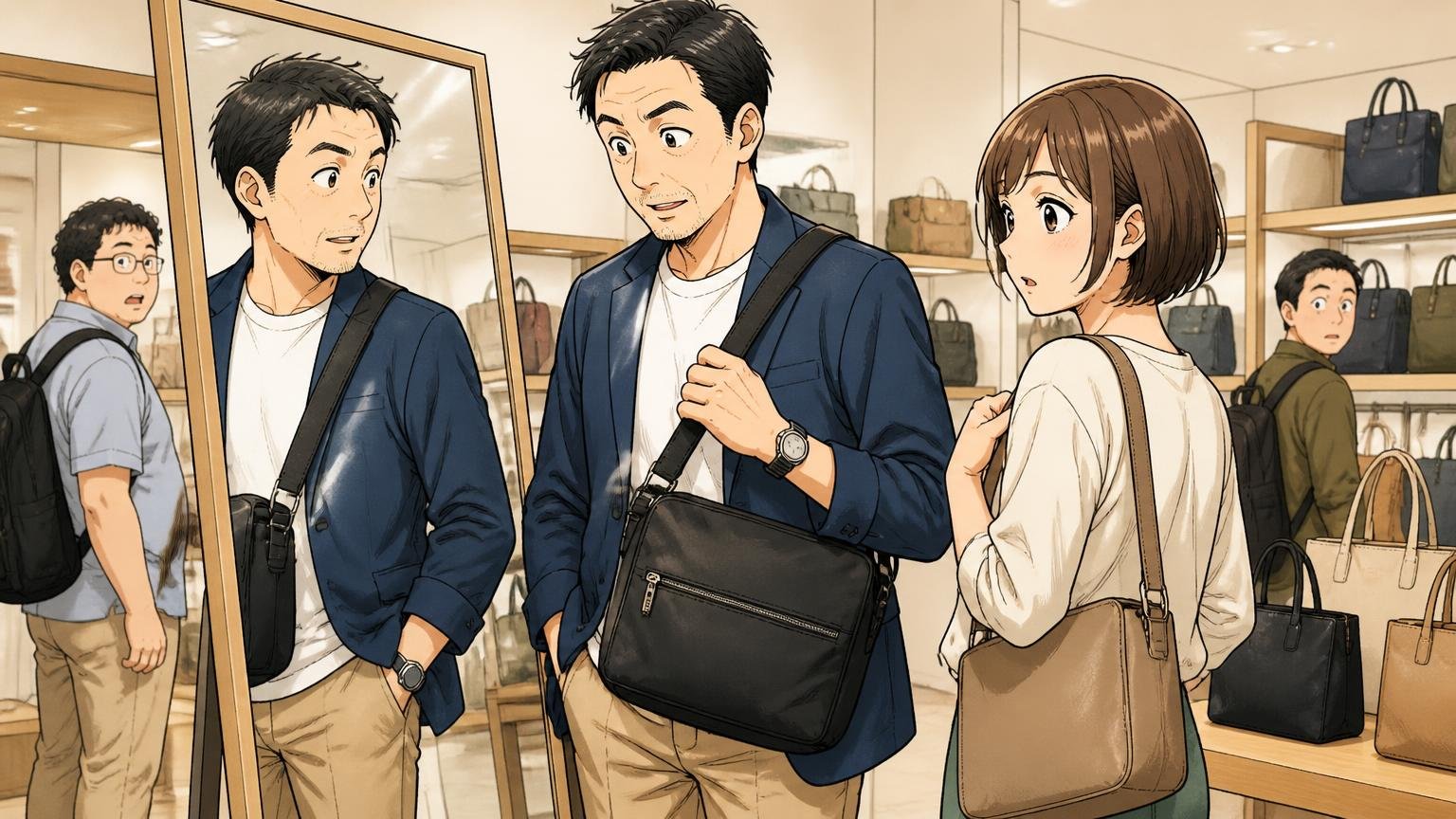 「ダサい」「大学生向け」という評判の実態｜40代の購入・ギフトの声も多い　バッグ売り場の鏡の前で40代男性1人と30代女性1人が似合うか確かめる場面