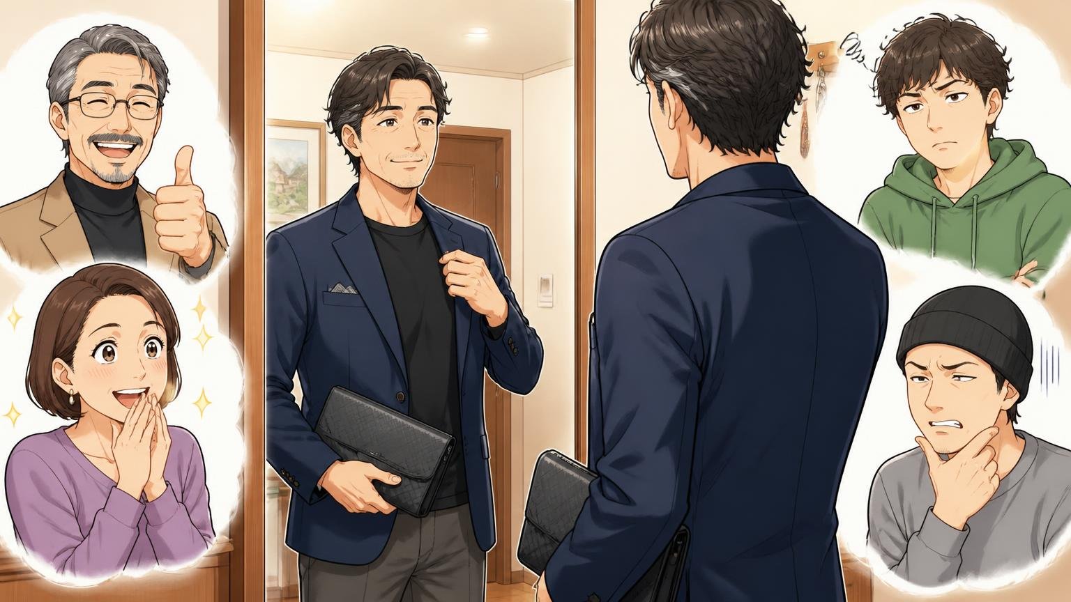 年齢層の評判｜「40〜50代がいちばん似合う」一方で、若い世代には「渋い」 玄関の鏡の前でクラッチを持つ40代男性1人が姿を確かめる