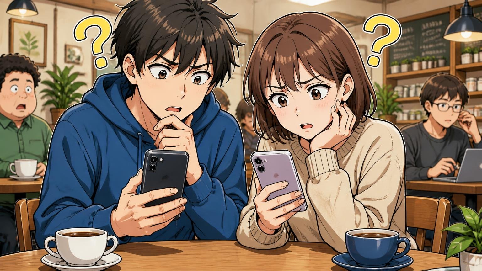 評判が割れる理由は「素材」と「使った年数・使い方」がバラバラだから カフェでスマホの口コミを見比べ首をかしげる男女2人