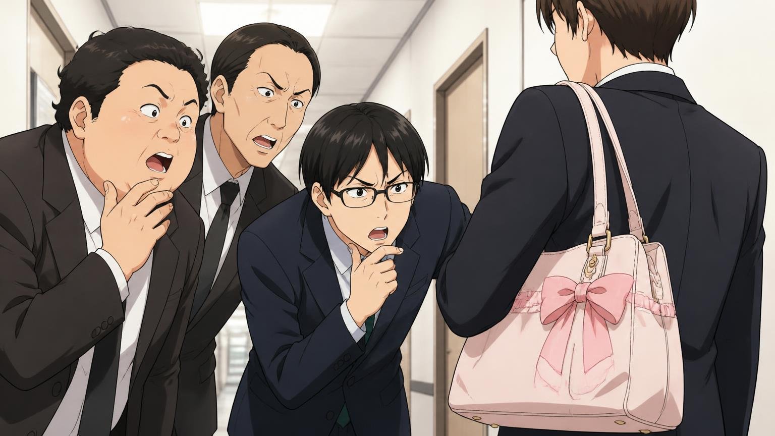 「ダサい」「おじさん」の声はリュックの品質の話ではない、オフィスの廊下でリボン付きのバッグを見て同僚3人がざわつく場面