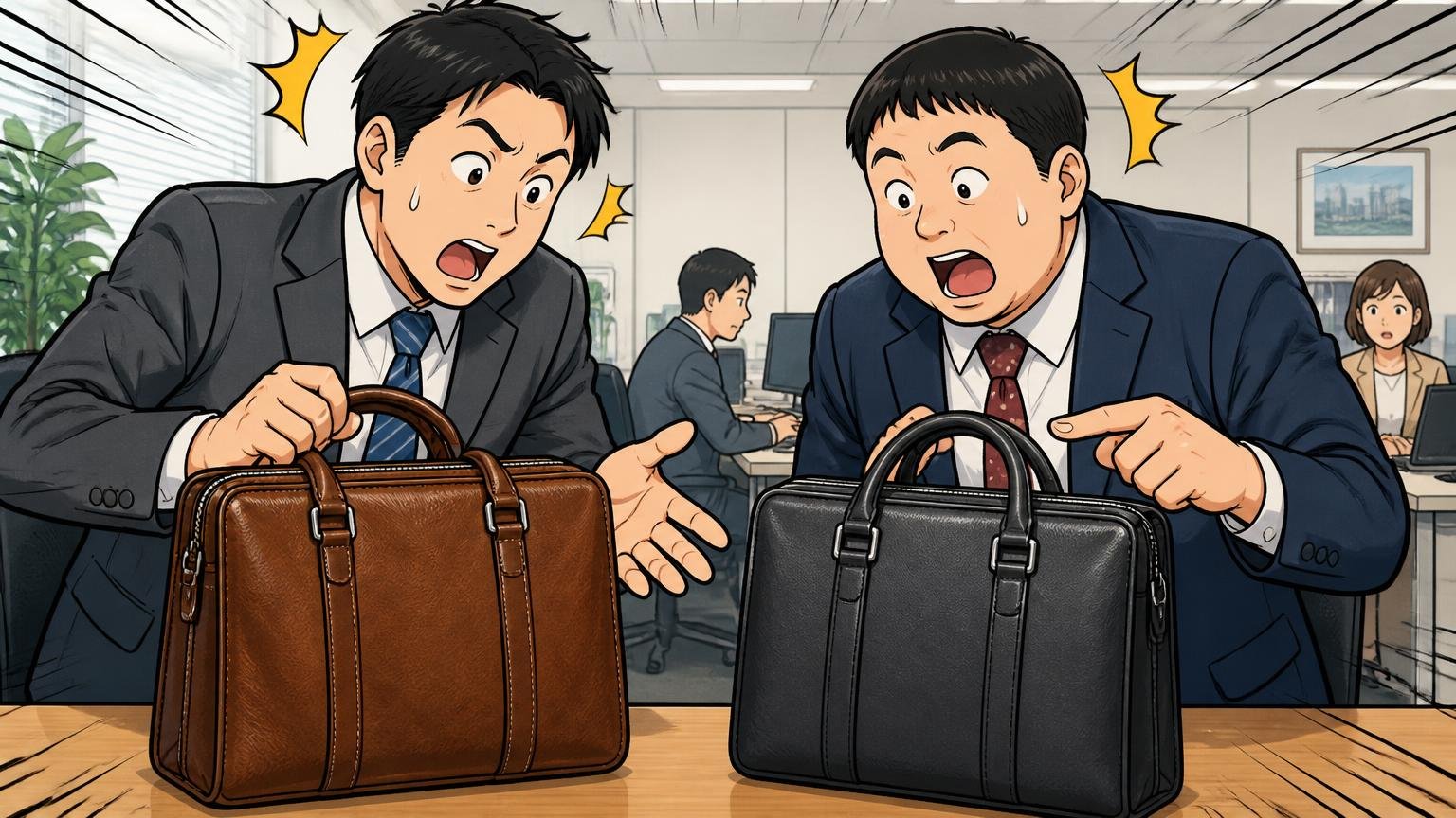 評判が割れる本当の理由は「同じブランドでも素材と価格がまるで違う」　オフィスのデスクで素材の違う2つのビジネスバッグを並べて同僚2人が見比べる場面