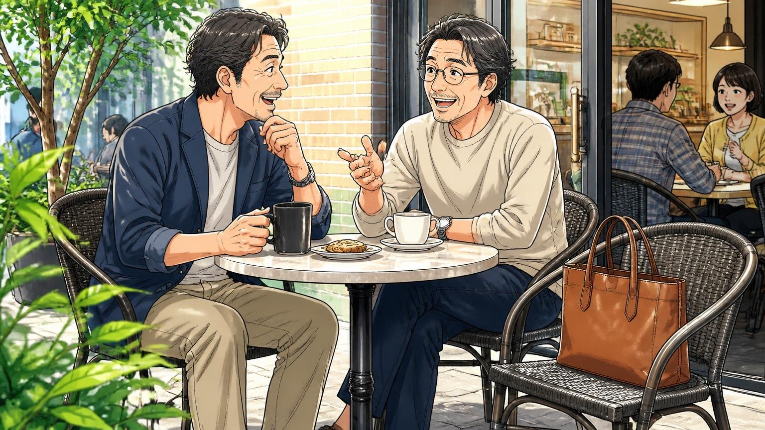 休日中心・荷物が少ない人は「A4がぎりぎり入る小さめ」　休日のカフェのテラス席で小ぶりな革トートを椅子に置き、くつろぐ40代男性1人と友人1人