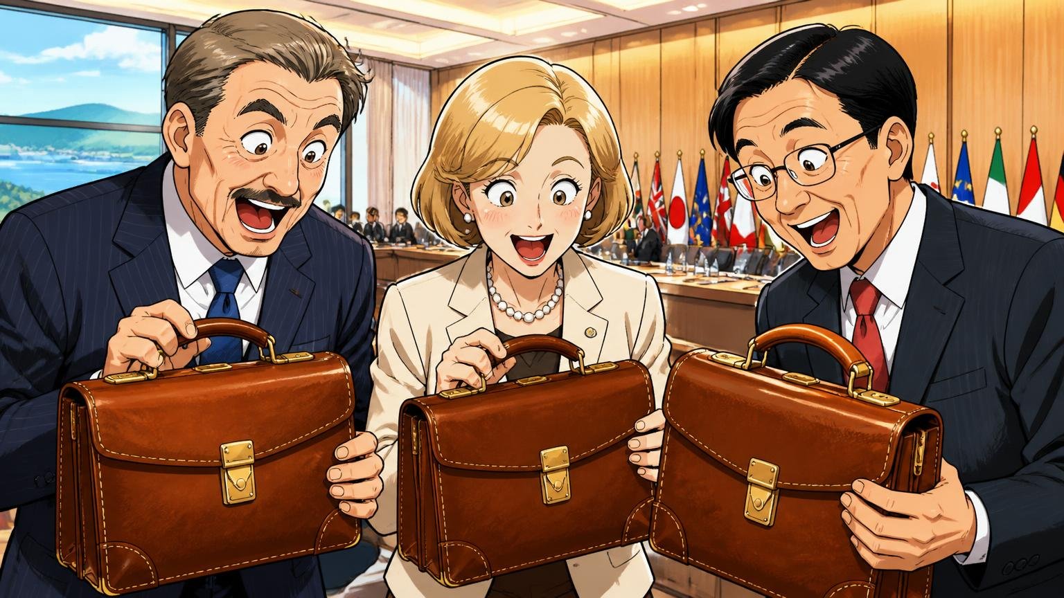 朝ドラ「エール」と洞爺湖サミット|ドラマの馬具と各国首脳への記念品 国際会議の会場で、スーツ姿の男女3人が革のダレスバッグを受け取り感嘆する場面