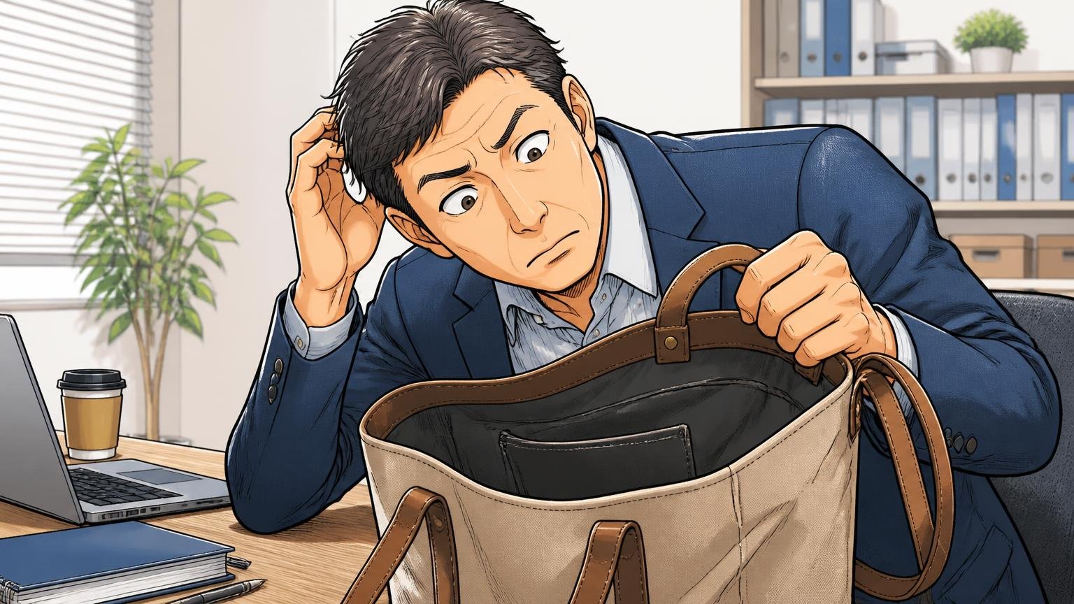 気になる評判②収納とデザインの声 オフィスの机でトートの中をのぞき込み首をかしげる40代男性1人