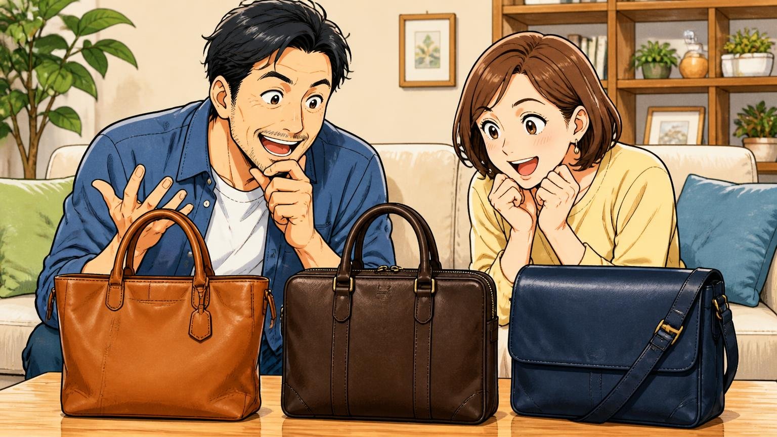 最終候補に入れたい日本製ブランド3選。自宅のリビングで3つの革バッグを前に笑顔で選ぶ40代男性と30代女性の2人