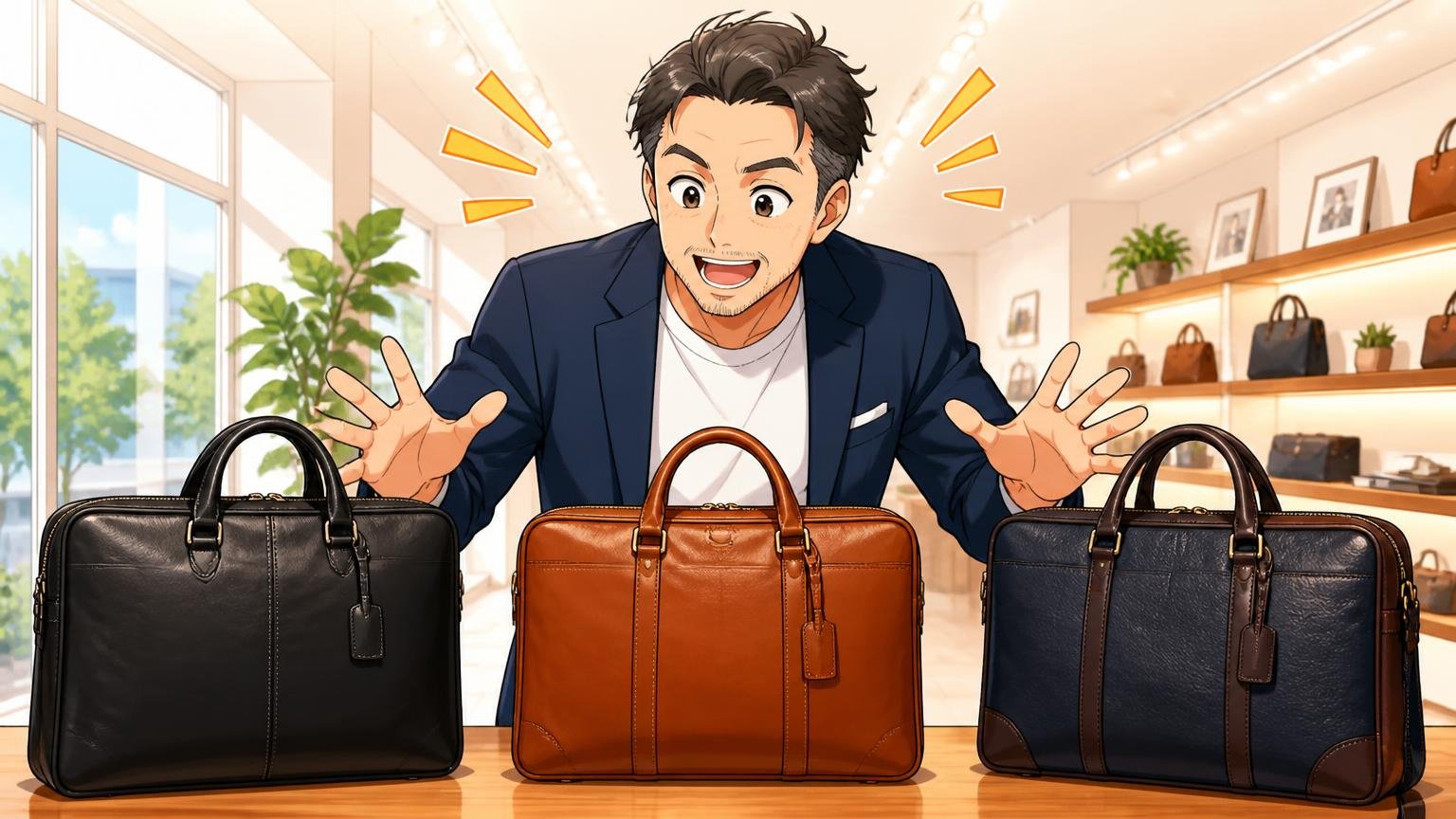 10年単位で付き合える1本を日本製の3ブランドから見比べる、明るいショールームで3つの革バッグを並べて見比べる40代男性が笑顔になる場面