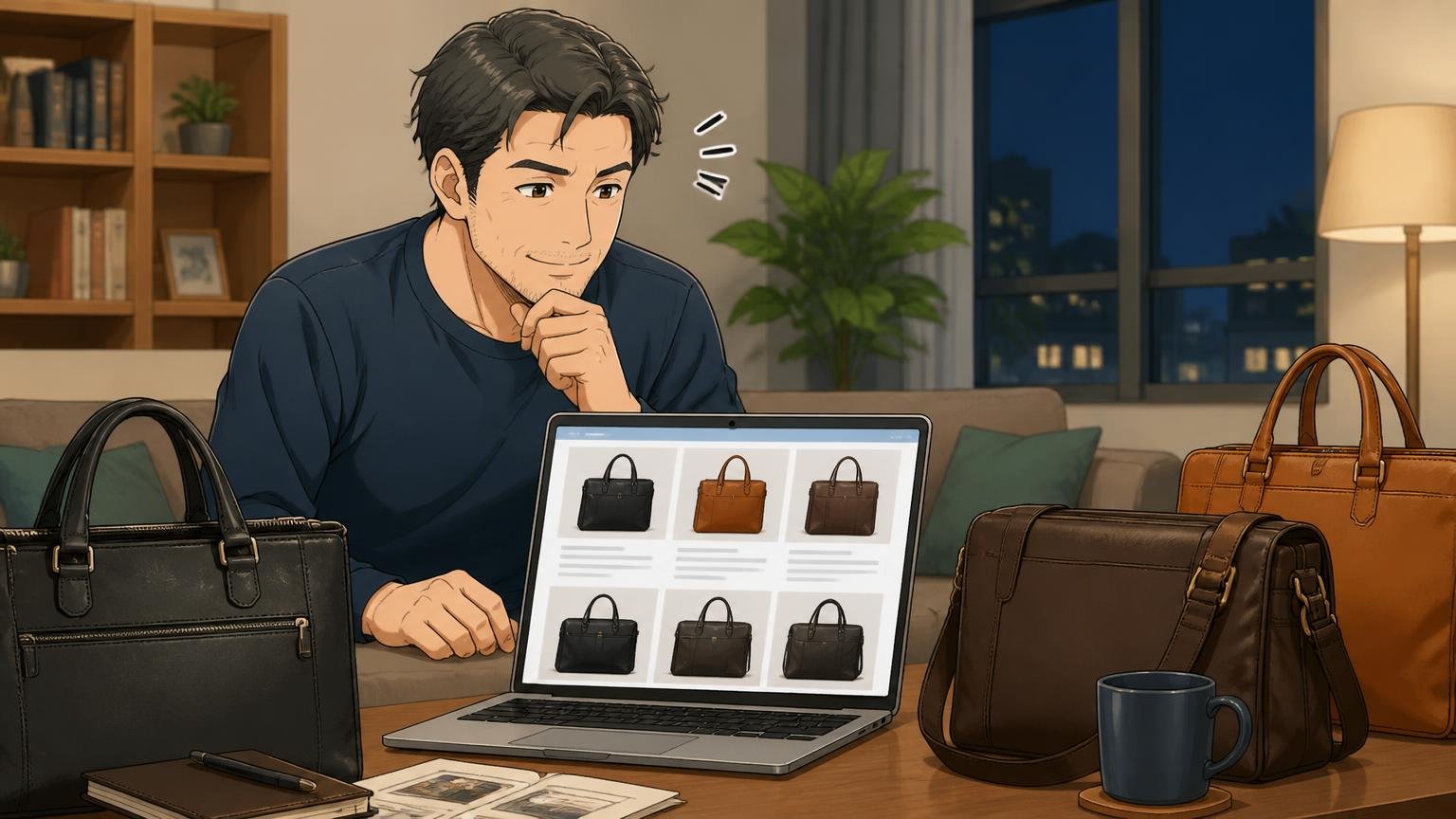用途と予算が決まったら、価格帯の近い日本製ブランドを見比べてみよう　夜のリビングで40代男性がノートPCで複数の革バッグを比べながら頷く場面