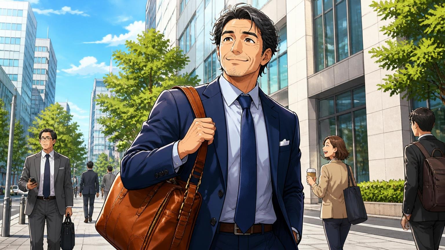 10年付き合える1本を、同じ物差しで見比べてから選ぶ 朝のオフィス街で飴色の革バッグを手に颯爽と歩く場面 40代男性1人が晴れやかな笑顔
