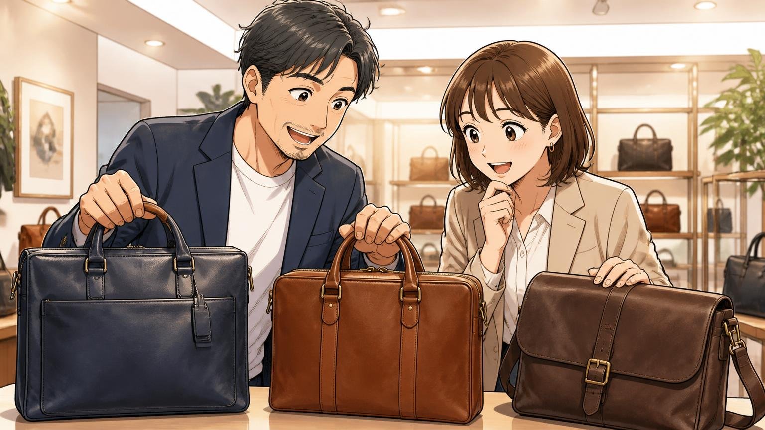 評判を調べ尽くした人が最終候補に残したい日本製メンズ革バッグブランド3選 ショールームで3つの革バッグを見比べる40代男性と30代女性2人が笑顔の場面