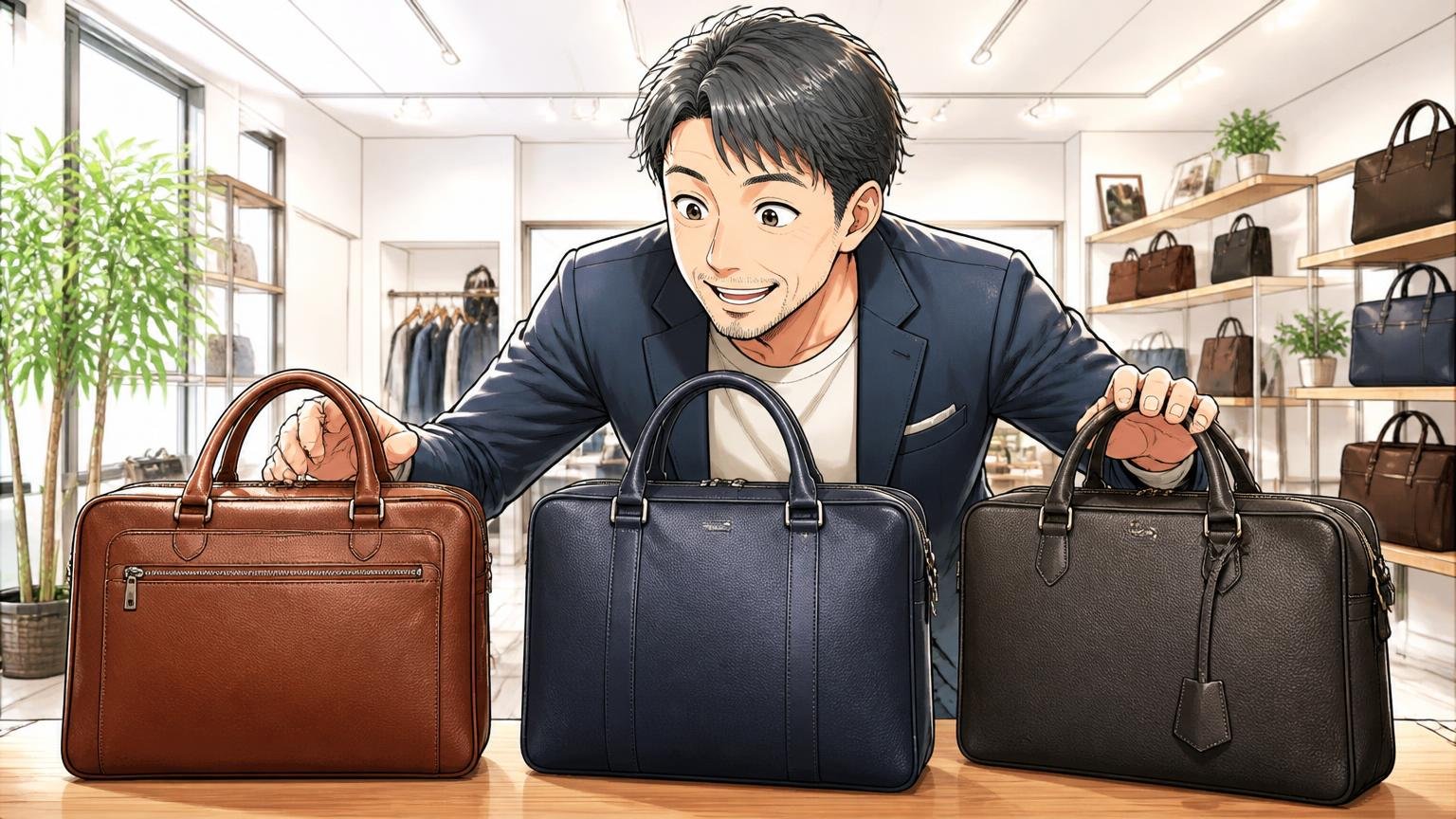 自分の使い方に合う1本を日本製の3ブランドから見比べてみる、明るいショールームで40代男性が3つの革バッグを並べて笑顔で選ぶ場面