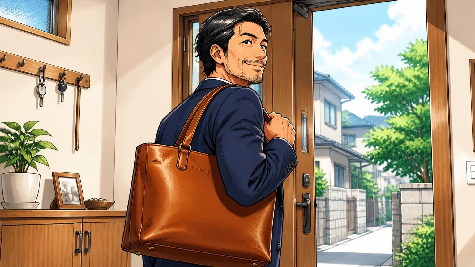毎朝手に取るたびに迷わない1本を探しているなら。日本の職人が仕立てる革バッグブランド3選 朝の玄関で40代男性が飴色の革トートを肩に掛け誇らしげに出かける場面
