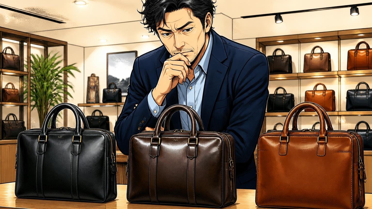 評判を調べ尽くした40代が、最終候補に残したい日本製メンズ革バッグブランド3選 ショールームで3つの革のビジネスバッグを見比べる40代男性1人が真剣に選ぶ場面