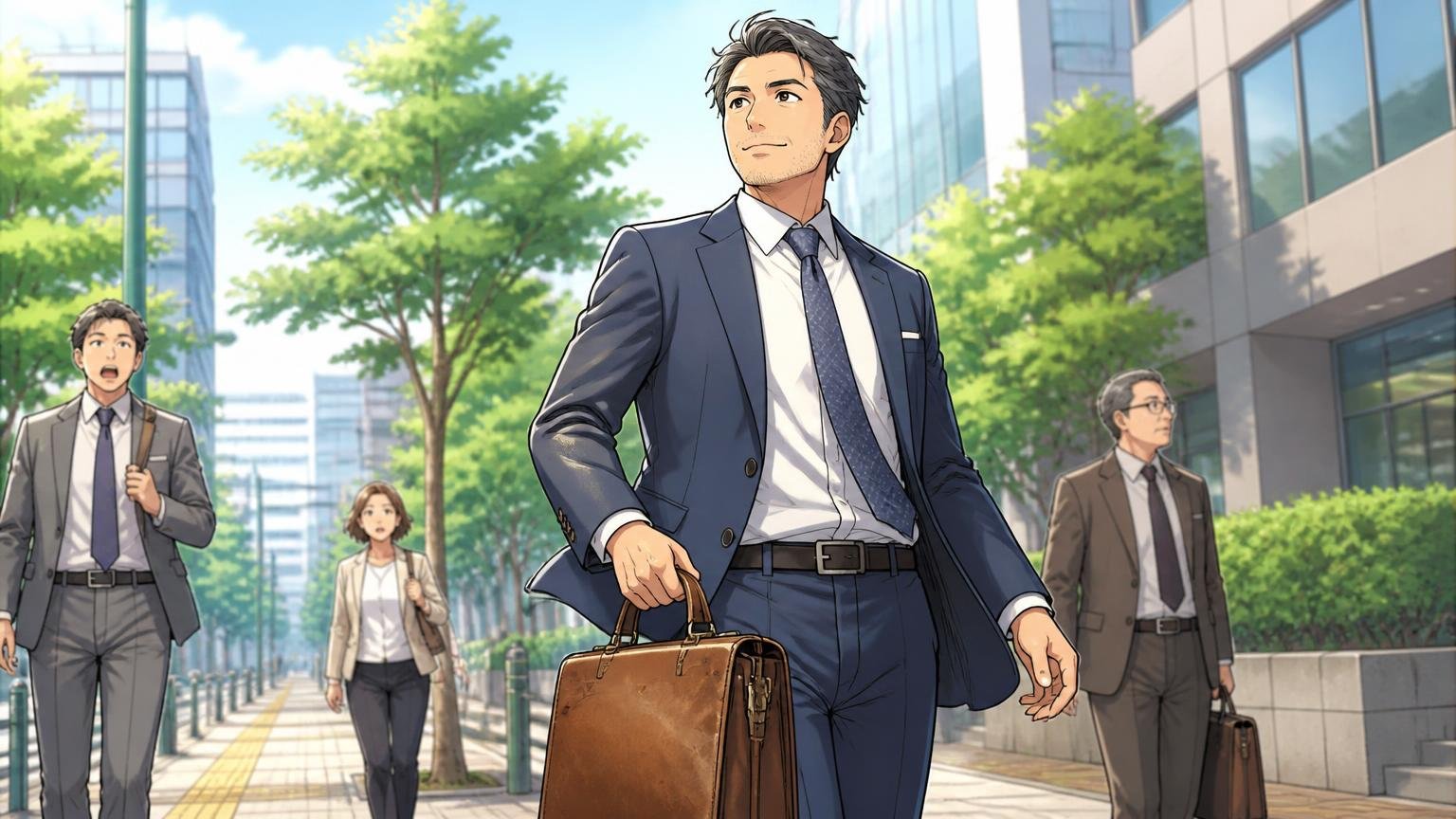 ロゴで語らず10年付き合いたい40代へ、日本製の革バッグブランド3選 朝の通勤路でスーツ姿の40代男性が使い込んだ革のビジネスバッグを手に颯爽と歩く場面