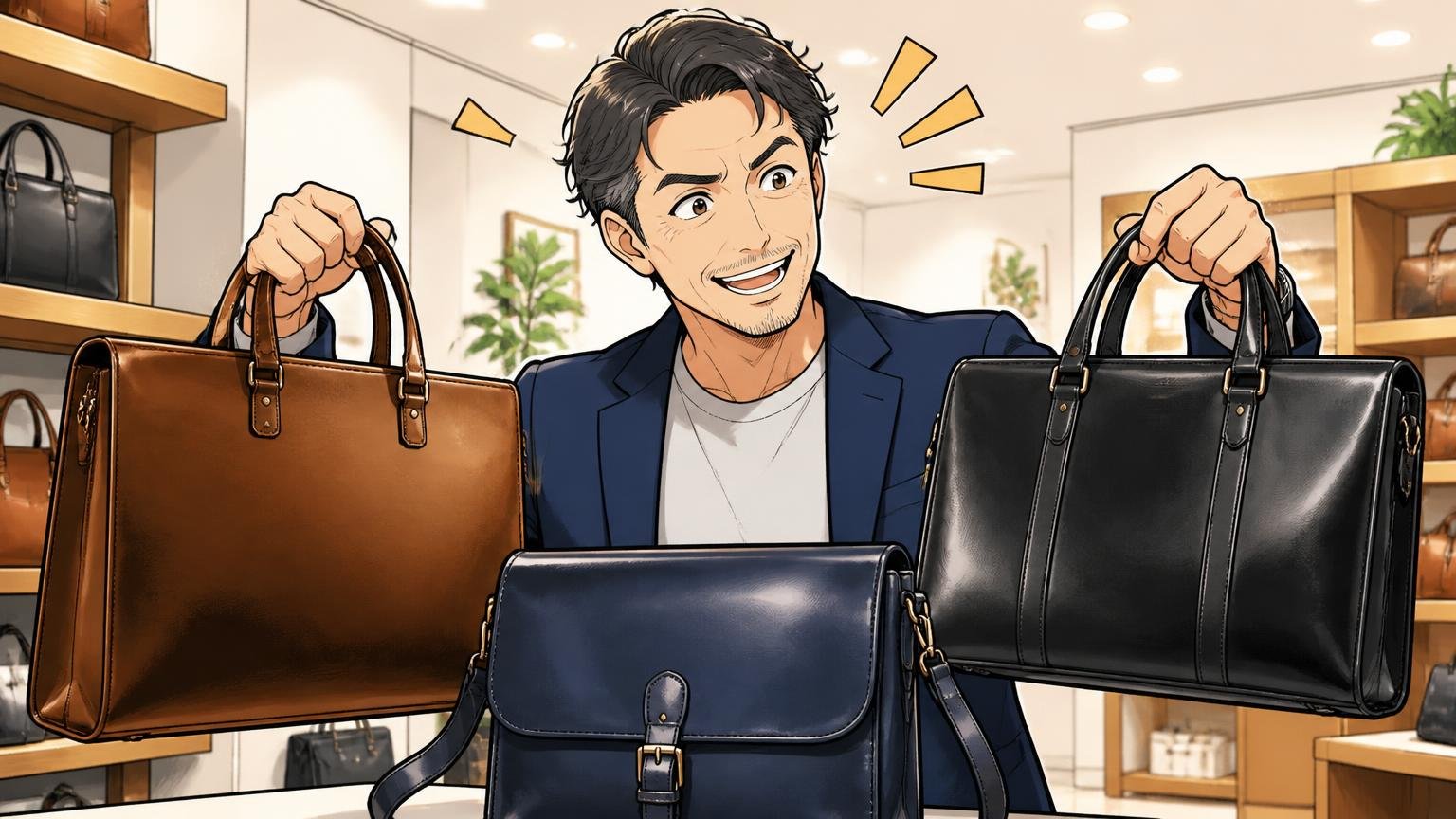 評判を調べ尽くした40代が最終候補に残した日本製メンズ革バッグブランド3選、ショールームで3つの革鞄を手に取り比べる40代男性1人が晴れやかな笑顔になる場面