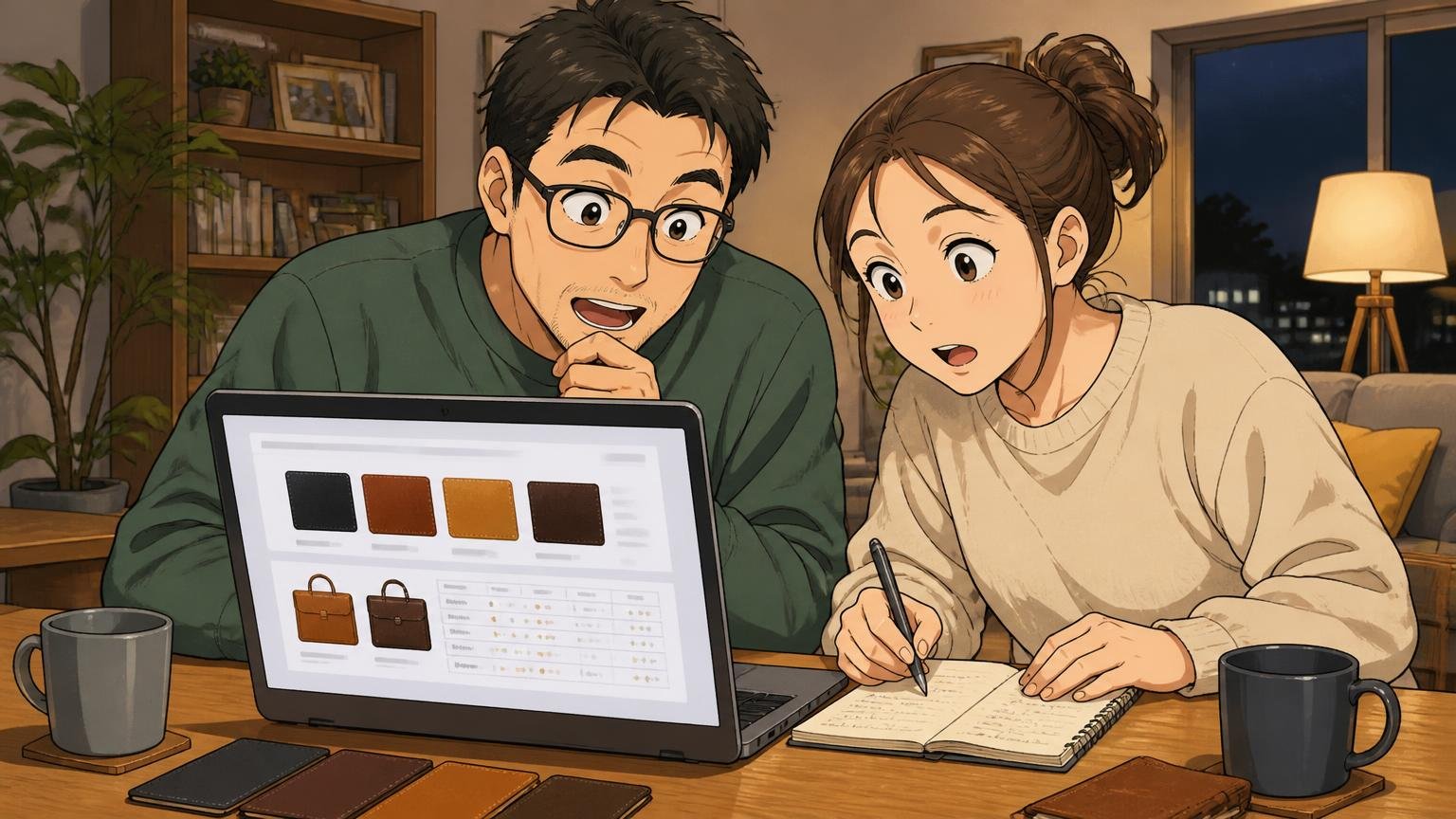 公式サイトで革の種類・重さ・最新価格を確認する 夜のリビングでノートPCの公式サイトを見ながらメモを取る夫婦の2人