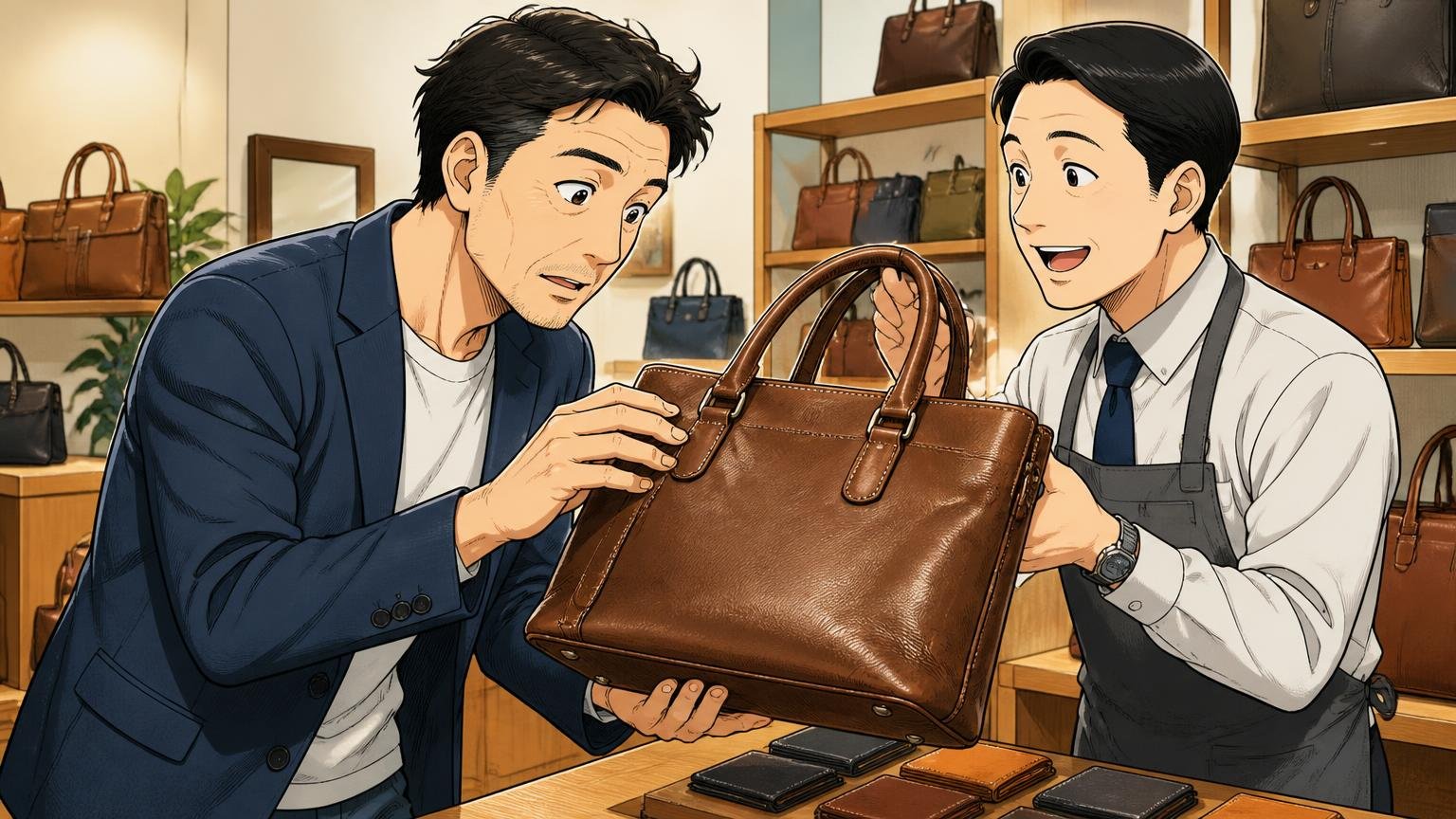 直営店や取扱店で実物の色と傷を確かめる 革製品の直営店で店員に革バッグを見せてもらい色を確かめる40代男性と店員の2人