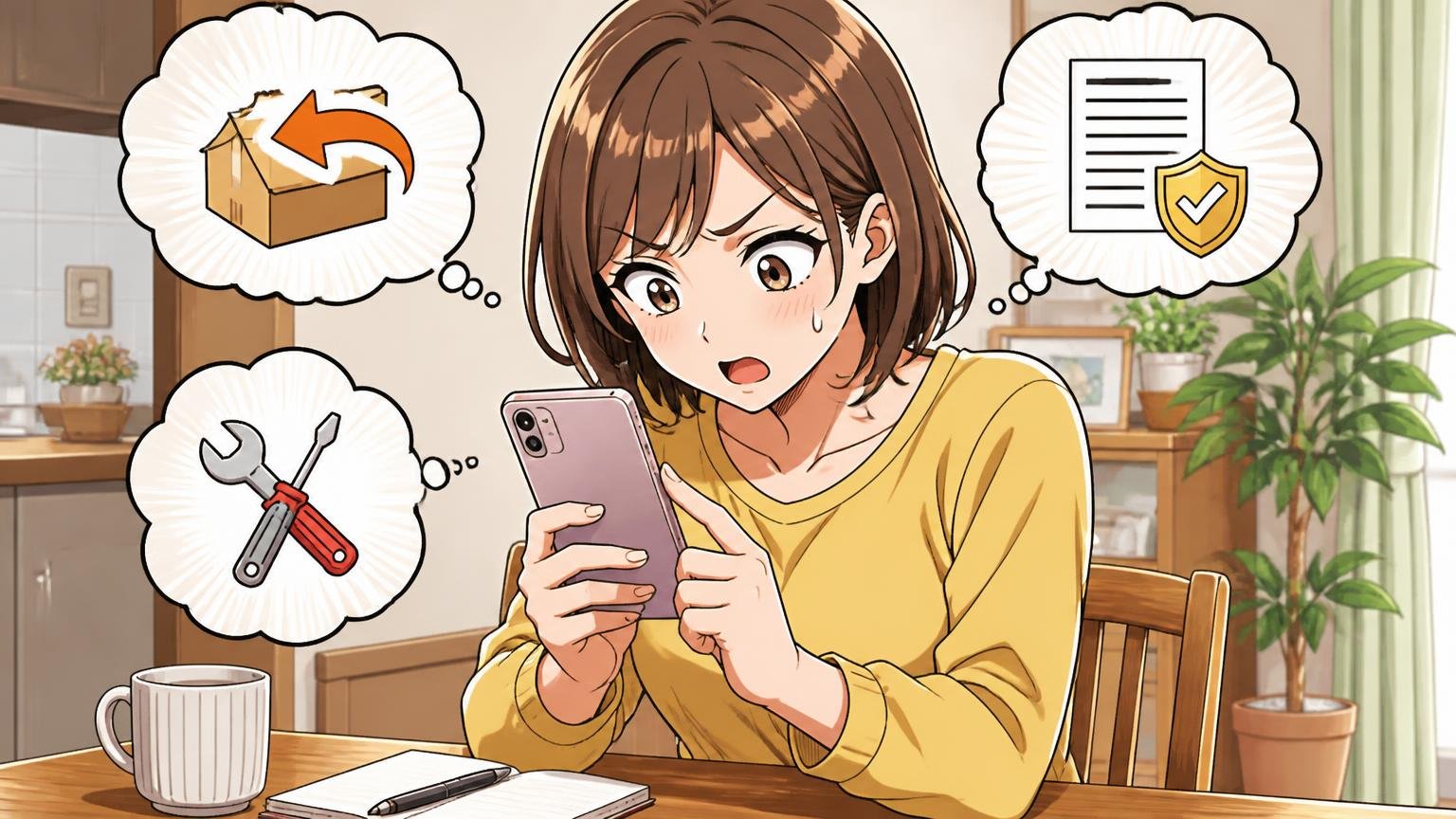 返品・修理・保証の条件を購入先ごとに確認する 自宅のダイニングでスマホの返品条件ページを確認する妻1人