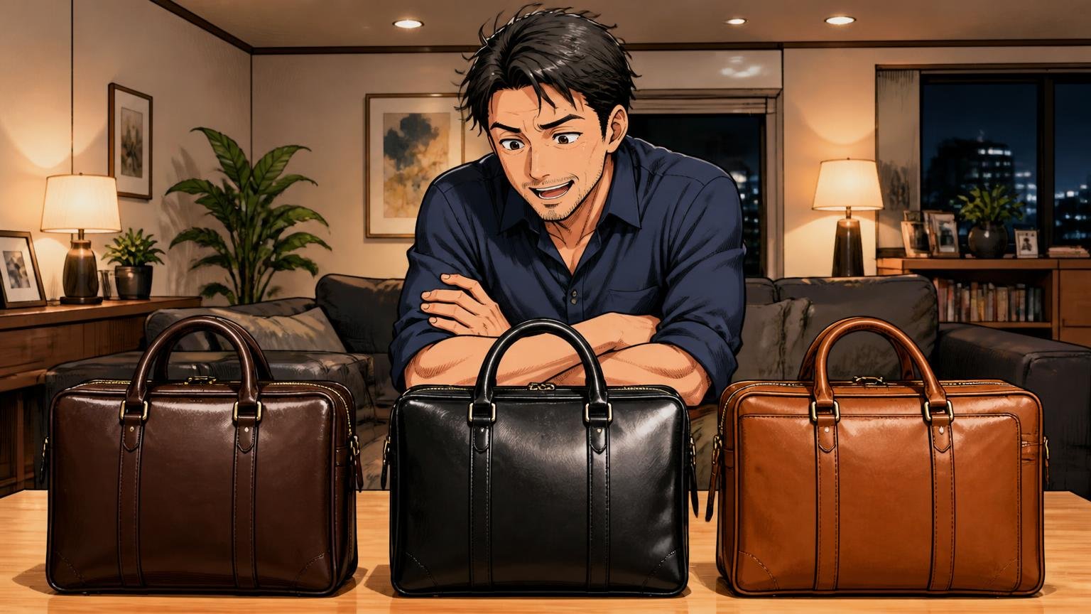 同じ判断軸で、他の日本製ブランドも見比べておきたい人へ 夜のリビングで3つの革ビジネスバッグを並べ腕を組み見比べる40代男性1人 楽しそう