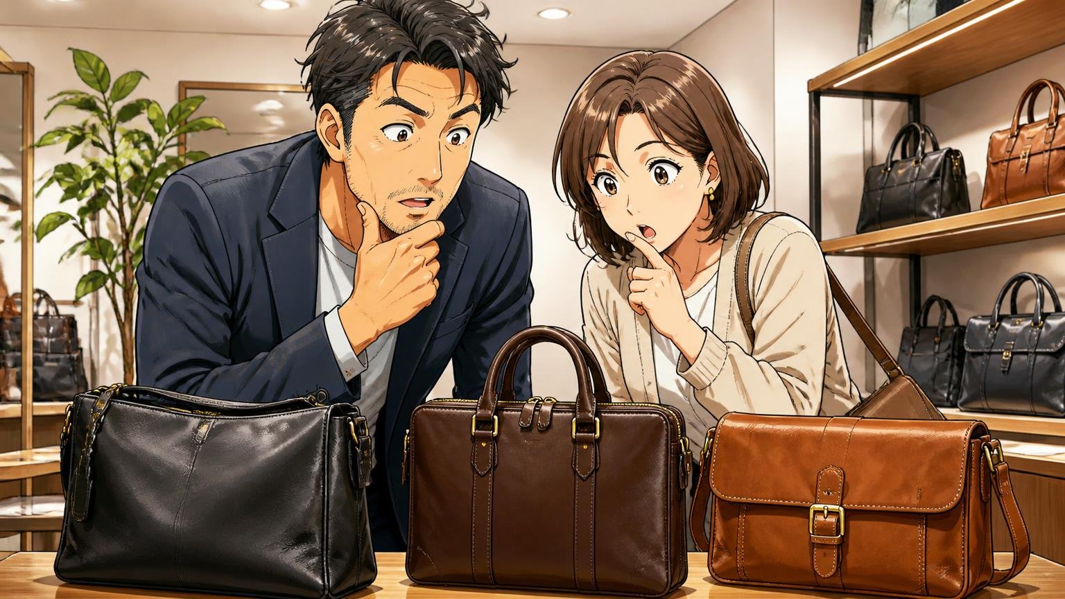 評判を調べ尽くした40代が最終候補に残したい、日本製メンズ革バッグブランド3選 ショールームで3つの革バッグを並べて見比べる40代男性と妻の2人