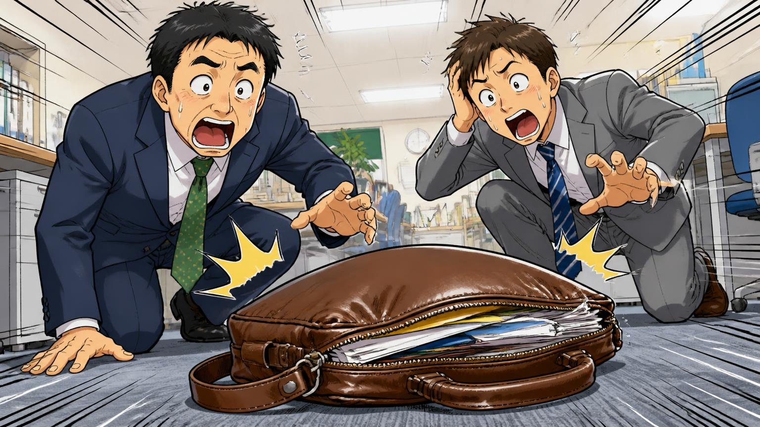 使い方と保管が原因の型崩れ オフィスの床にパンパンの革のビジネスバッグを寝かせた場面 男性会社員2人が驚く表情