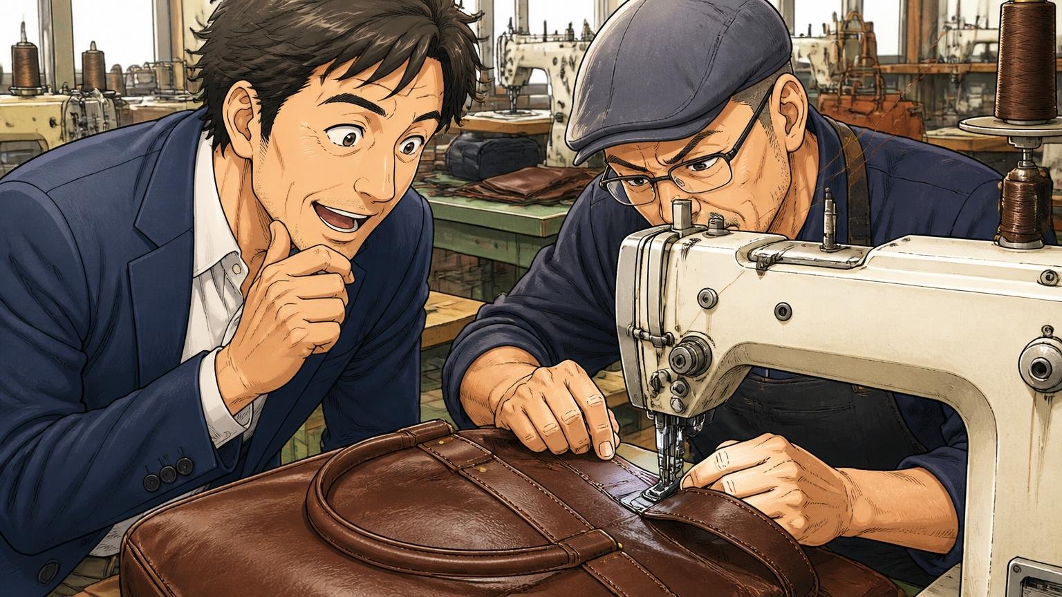 運営会社と生産｜どちらも日本製、ただし公表している中身が違う、革バッグの縫製工場で職人の手元をのぞき込み感心する40代男性と職人の2人