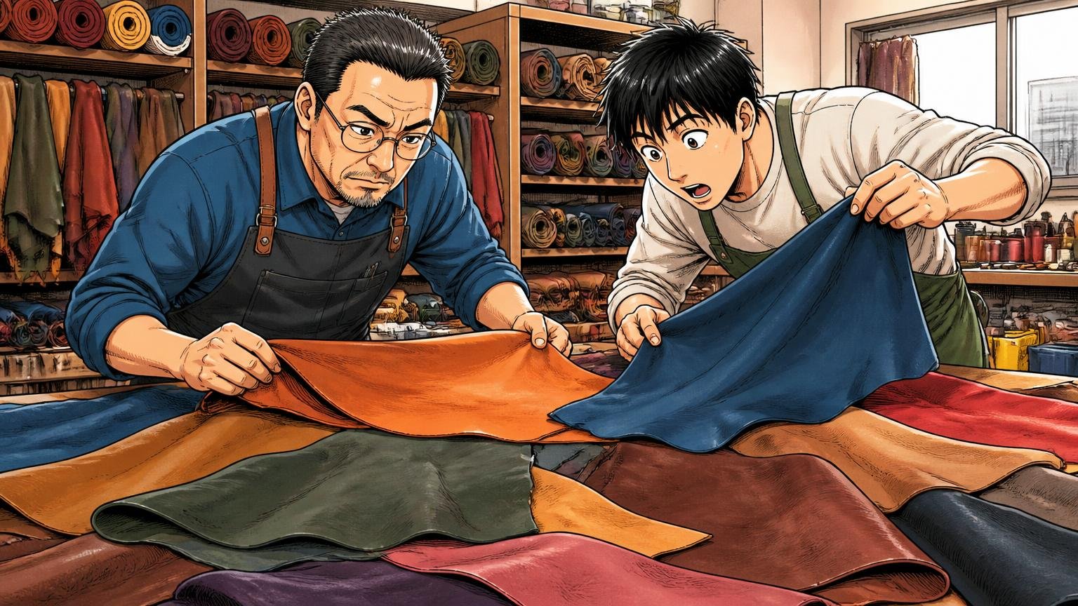アニアリは東京・足立区の会社が2008年に立ち上げた日本製ブランド、工房で色とりどりの革を広げ確かめる職人2人
